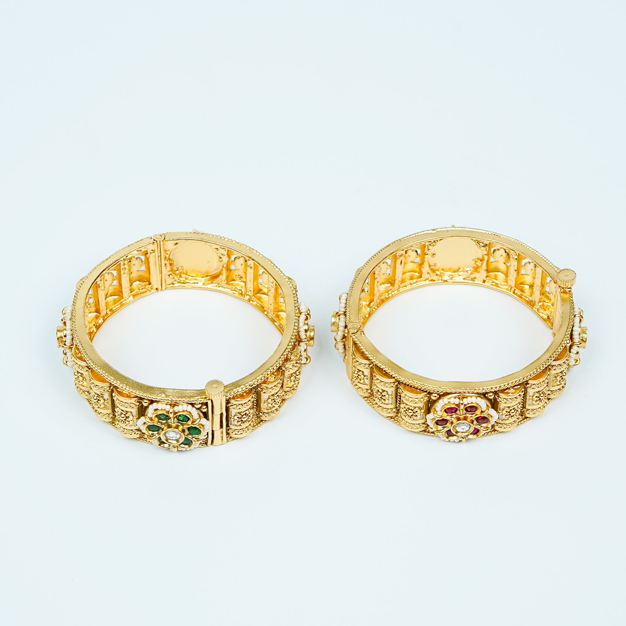 Zevar Club Set of 2 22K Gold-Plated Handcrafted Rajwadi Bangles with Ruby Red & Emerald Green Floral Kundan Motif