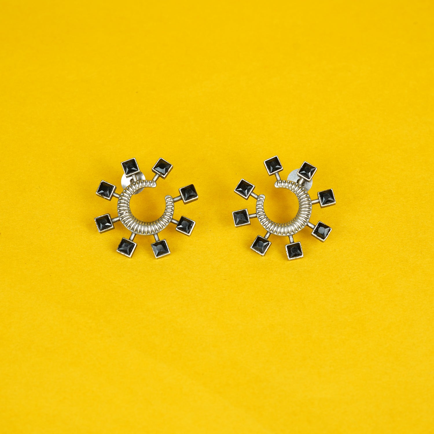 Zevar Club Oxidised Silver-Plated Black AD Studded Half-Hoop Earrings