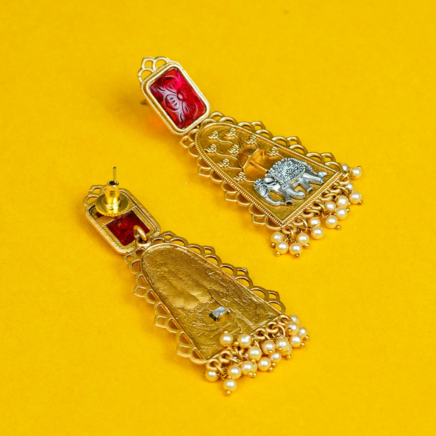 Zevar Club Oxidised Gold & Silver-Toned Elephant Motif Earring with Green Top & Pearls Drops