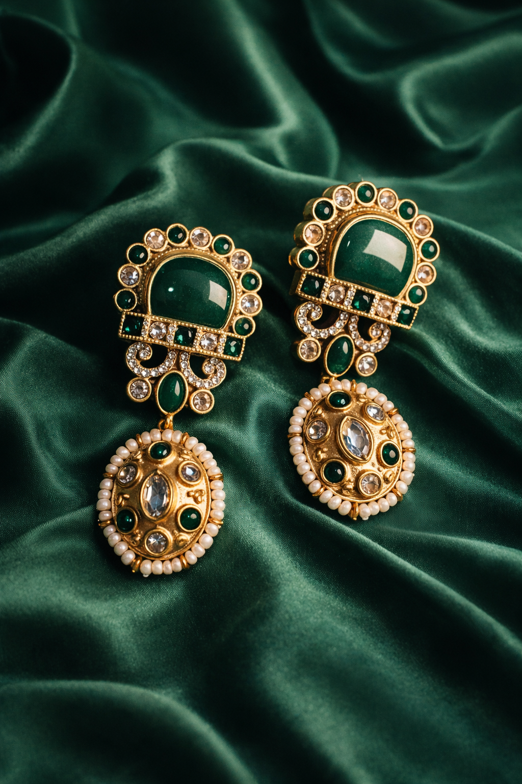 Bridal Inspired Emerald Kundan Pearl Drop Earrings
