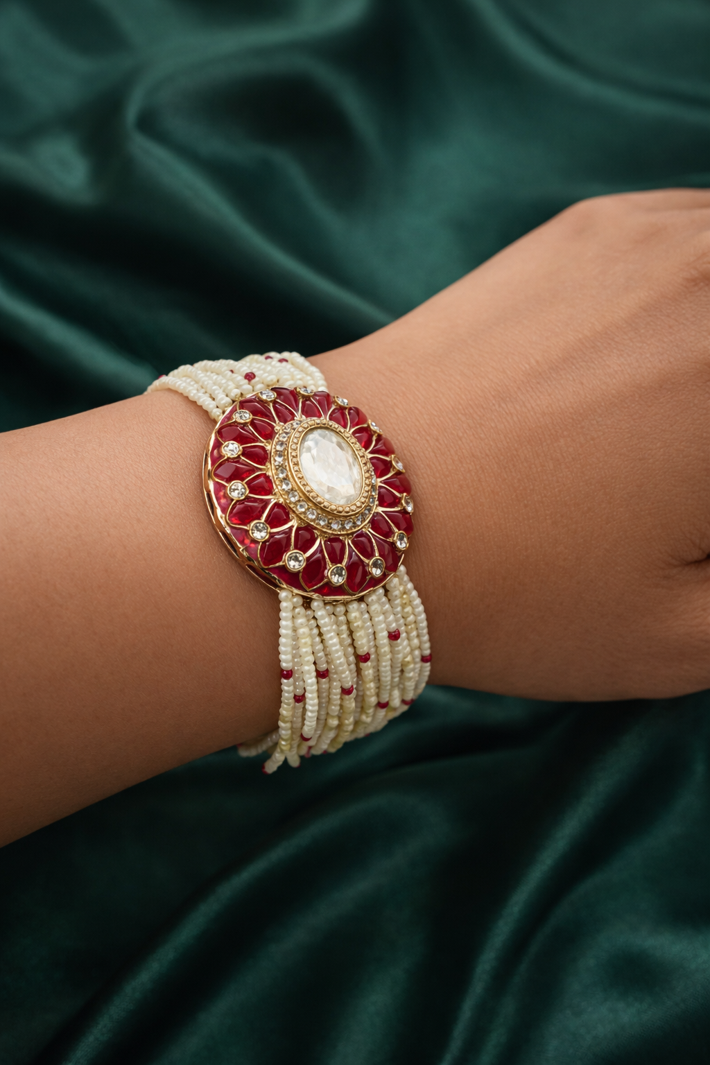 Zevar Club 14K Gold Plated Fine Pearl Fushia Pink Meenkari Kundan Adjustable Bracelet