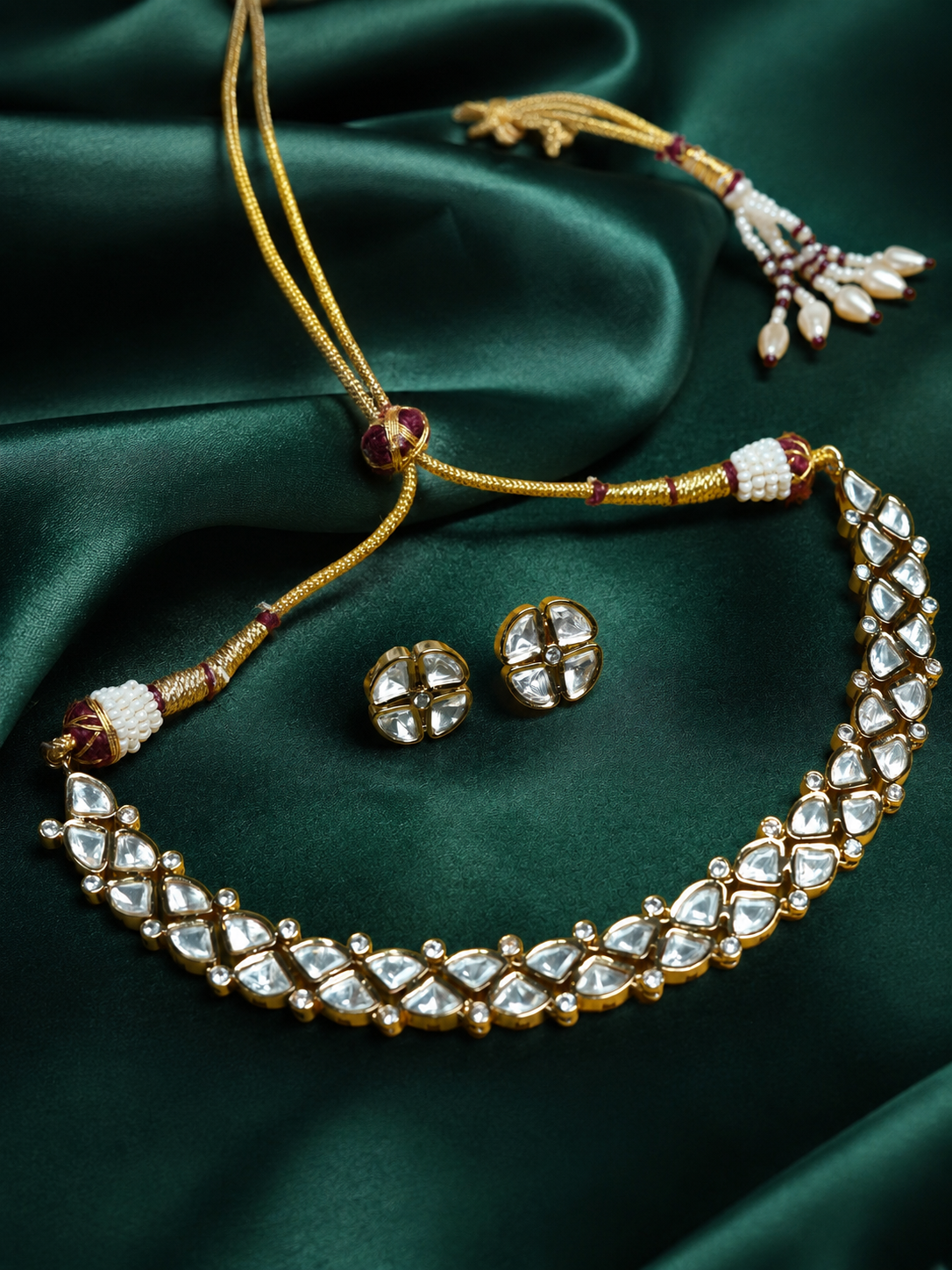 Zevar Club 22K Gold-Plated White Kundan Stone Studded Floral Choker Jewellery Set