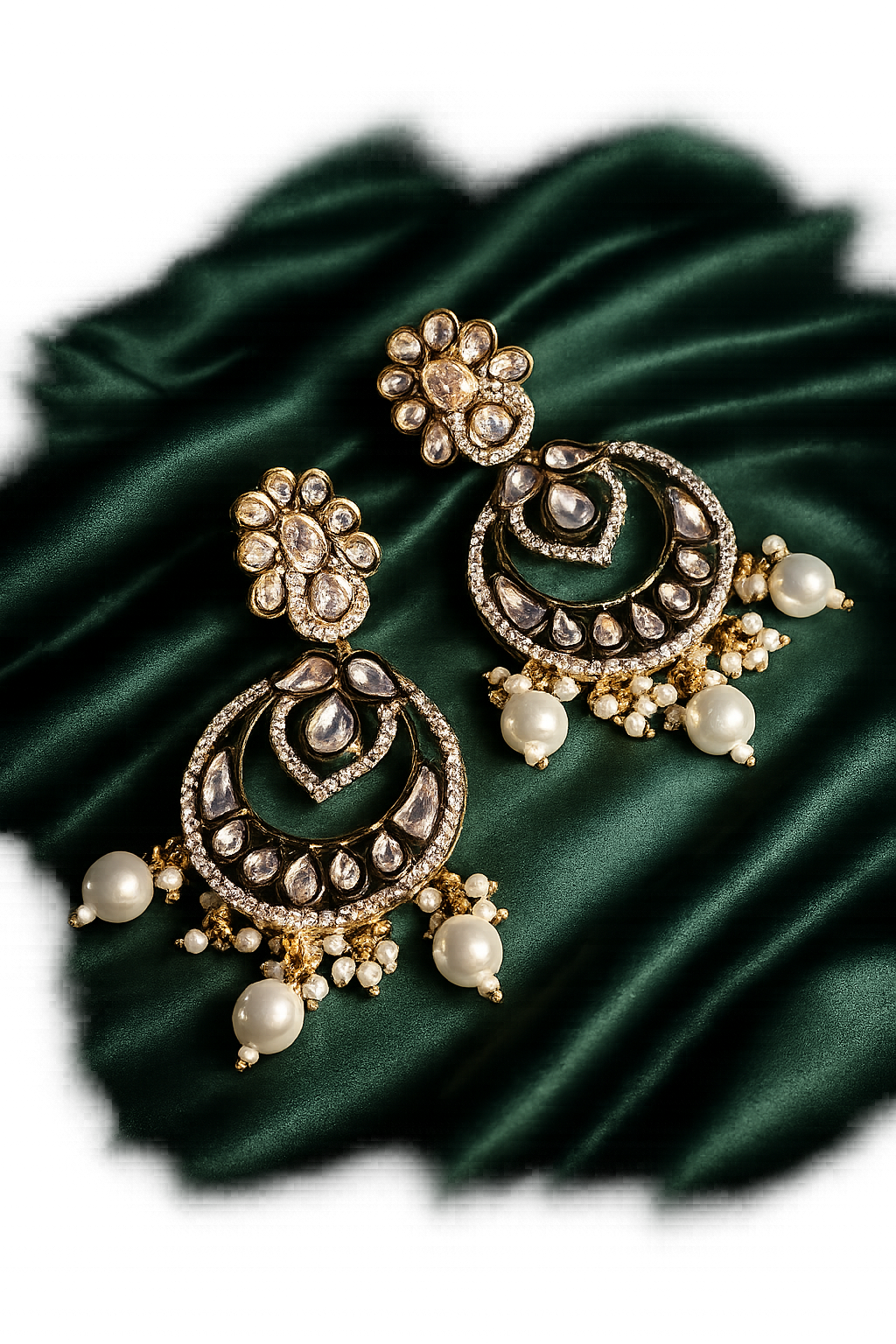 Festive Traditional Kundan Chandbali Earrings With Pearls