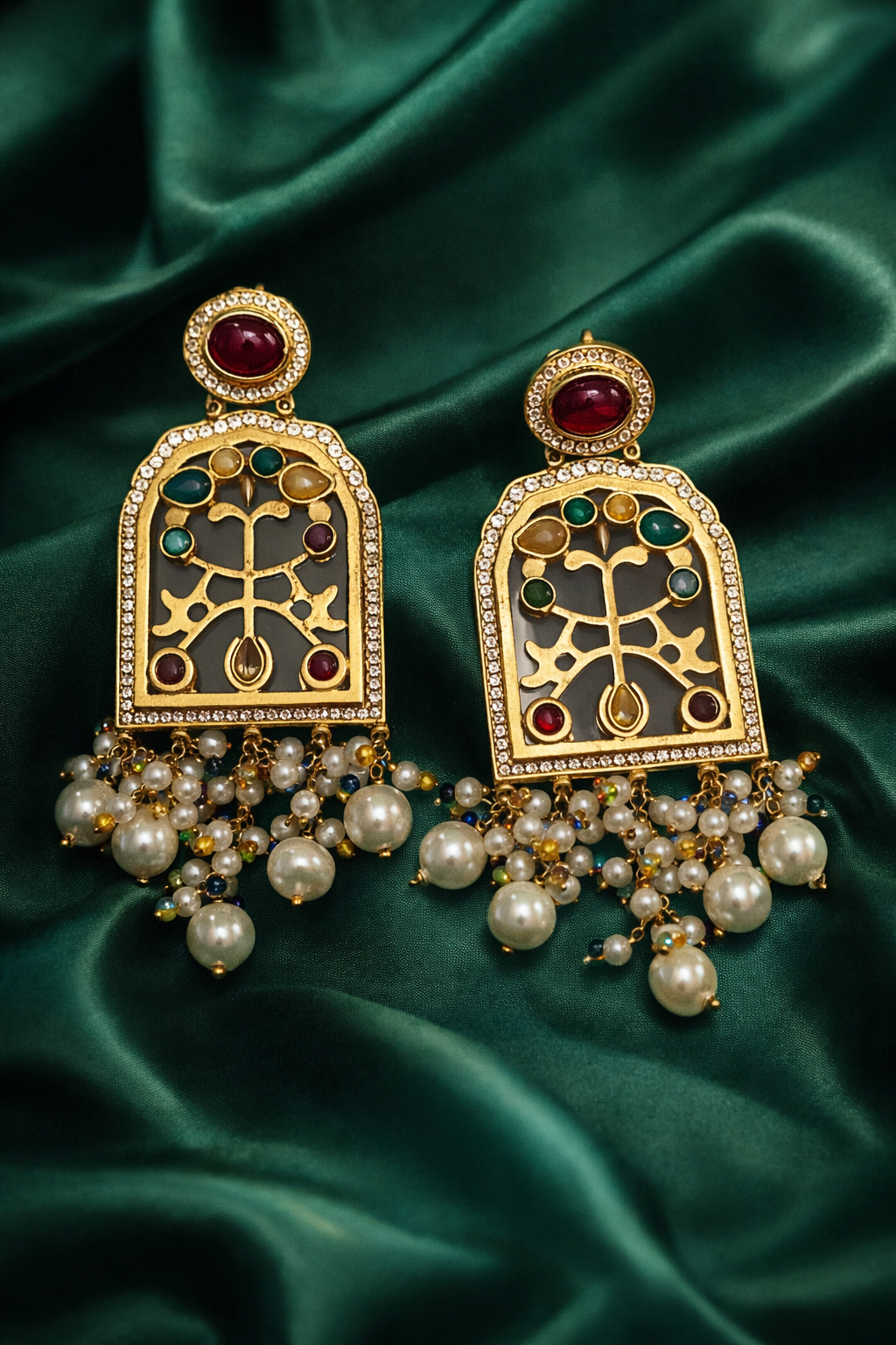 Festive Multicolour Kundan Pearl Dangler Earrings