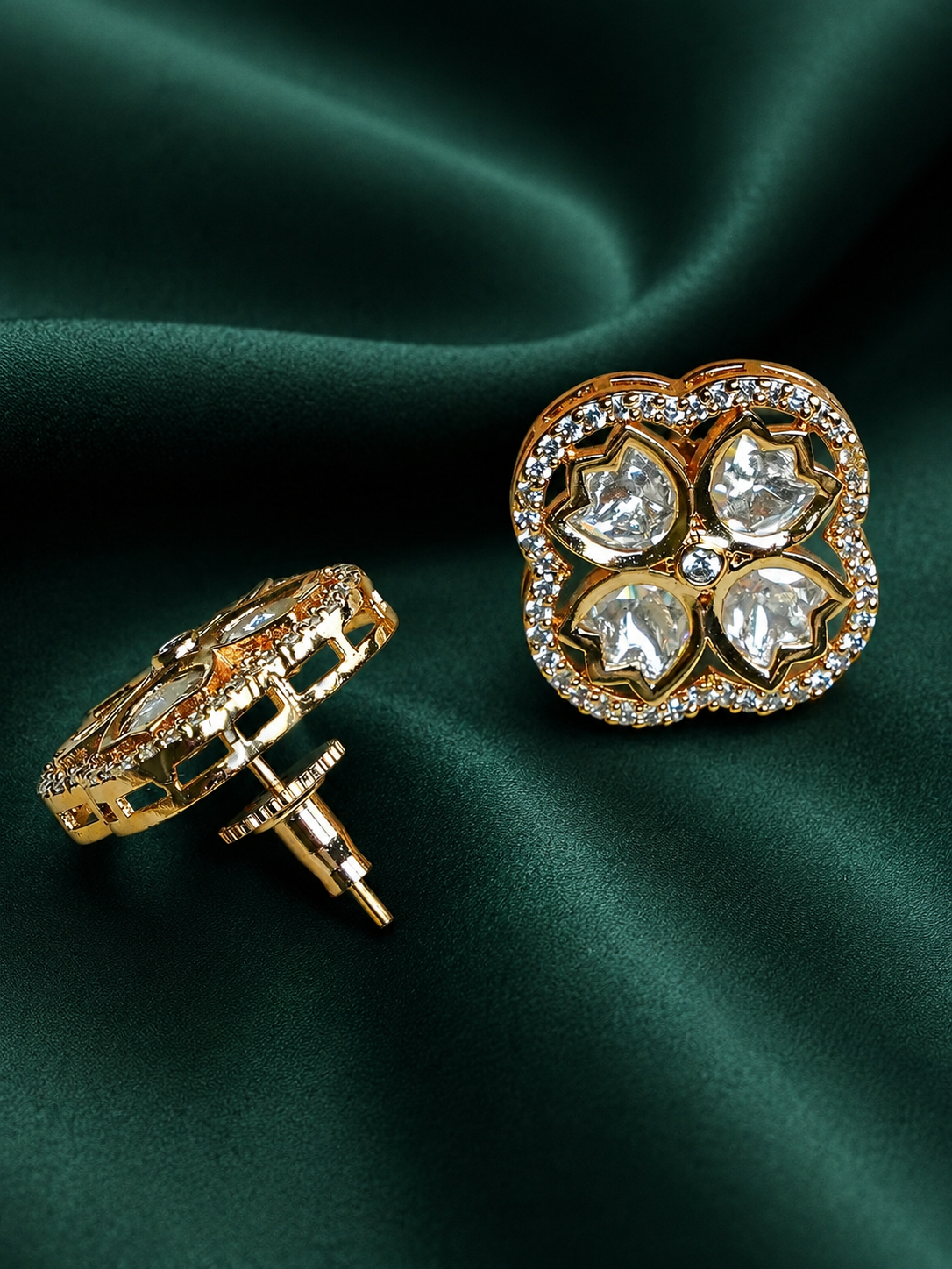 Zevar Club 12K Gold-Plated Lotus Kundan Diamond Studs