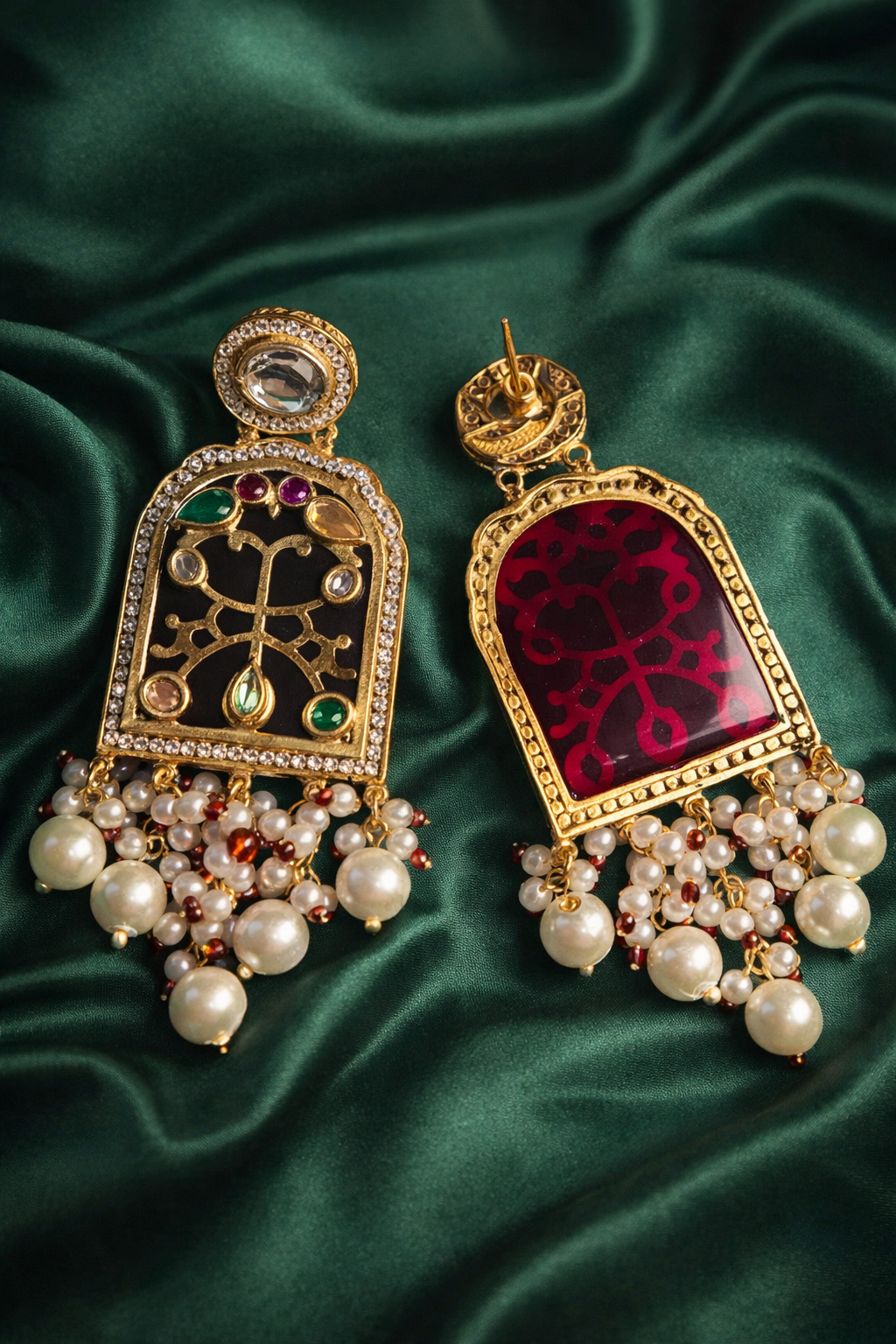 Festive Maroon Kundan Pearl Dangler Earrings