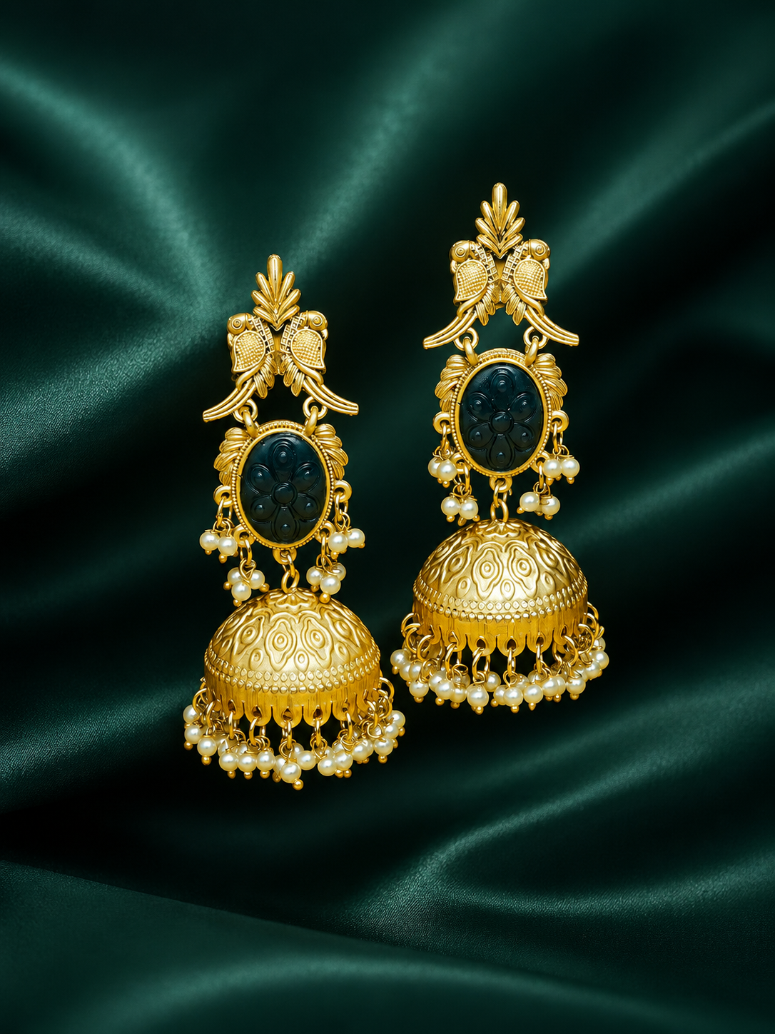Zevar Club 22K Gold-Plated Ink Blue Carved Stone Jhumka Earrings with Birds & Pearls Drops