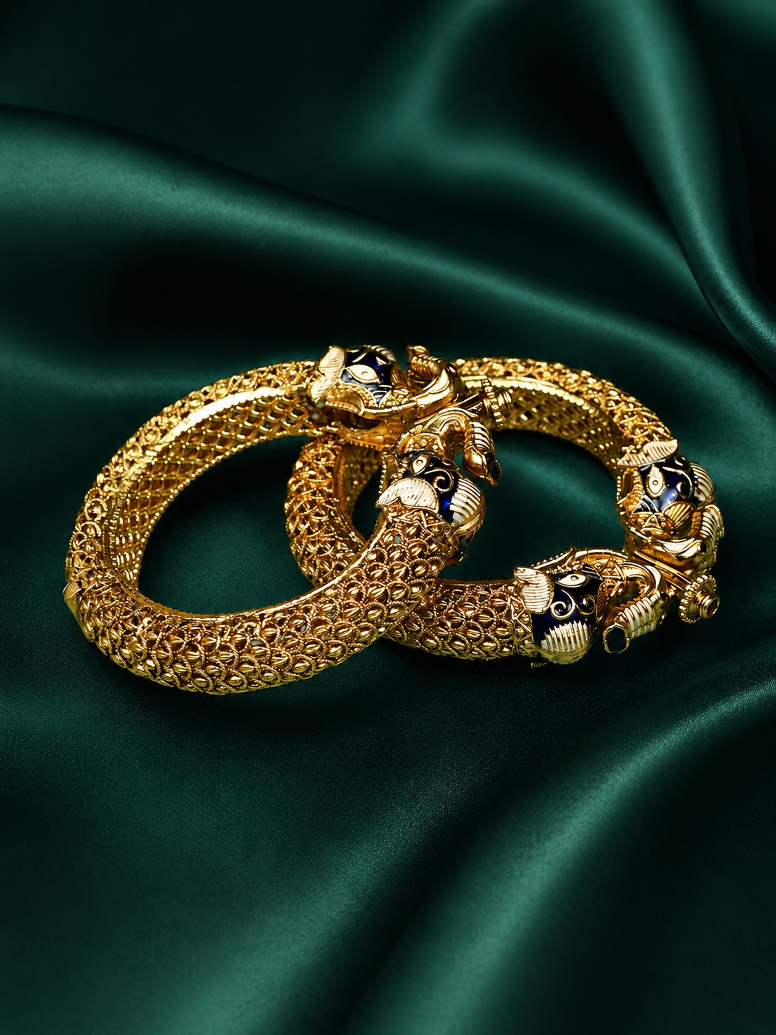 Zevar Club Set of 2 22K Gold-Plated Handcrafted Panther-Head Bangles with Blue Enamel & Black Stone Accents for Women
