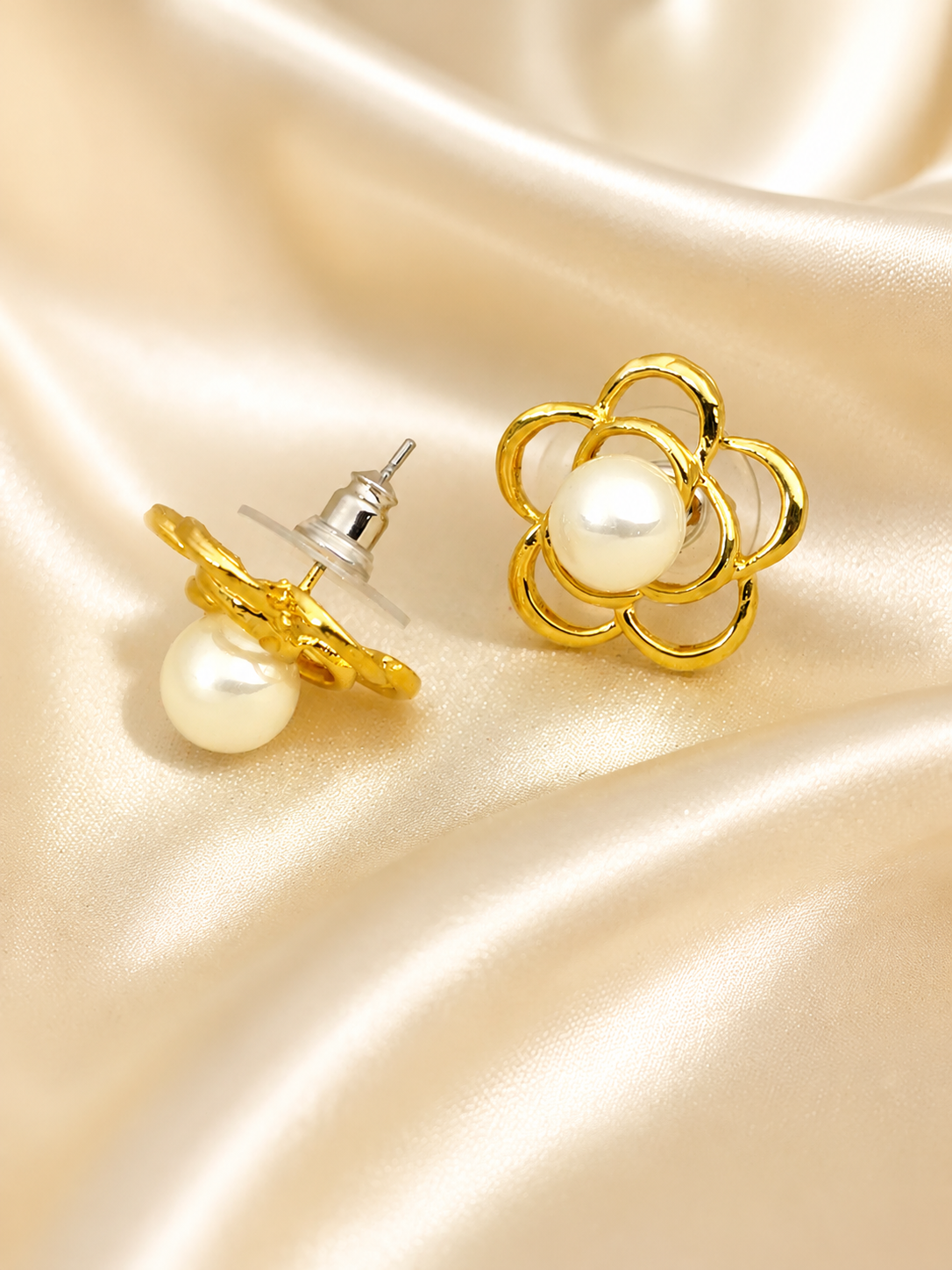 Zevar Club Gold Tone Glossy White Pearl Beaded Open Petal Floral Stud Earrings for Women