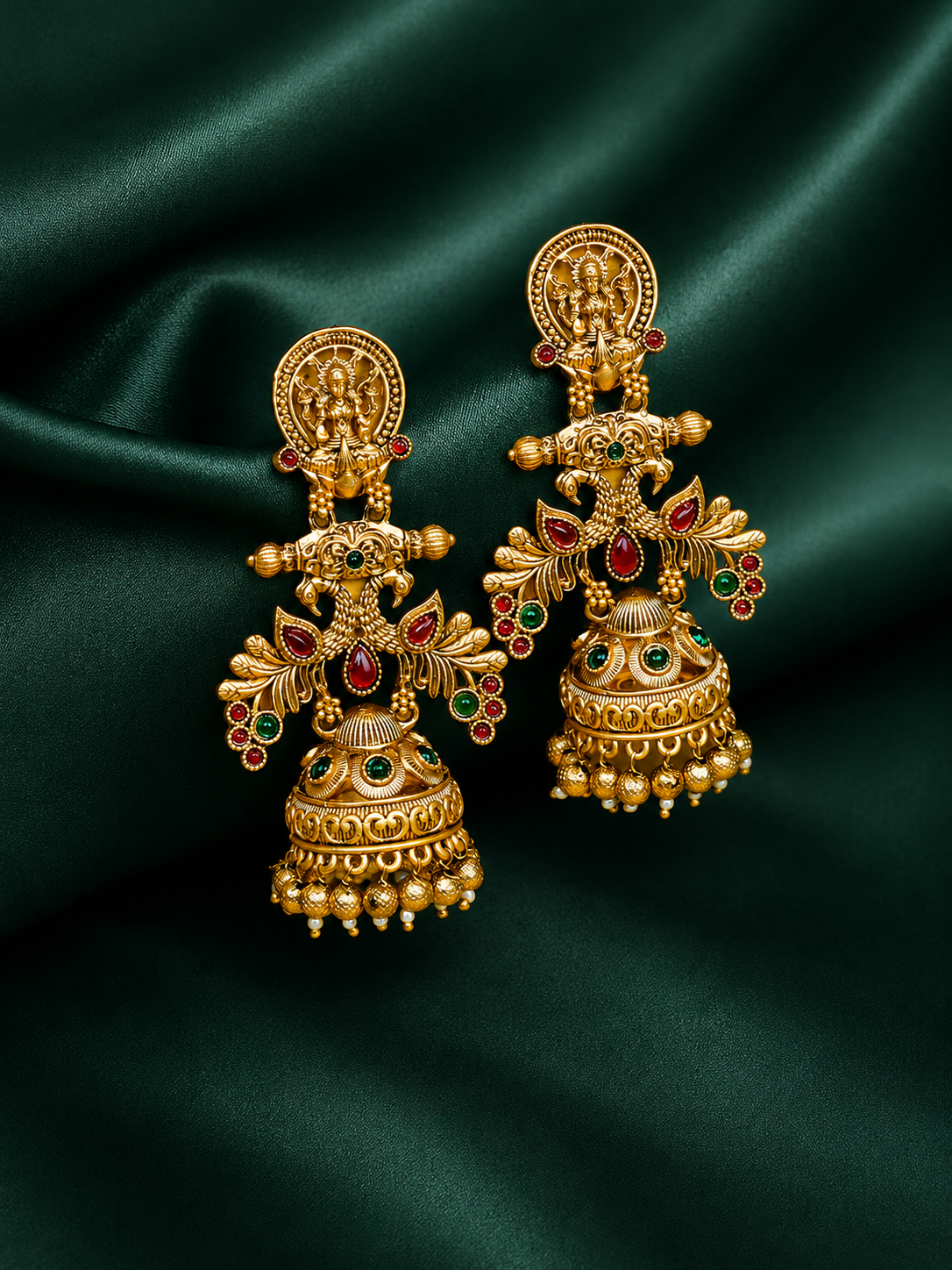 Zevar Club 22K Gold-Plated Lakshmi Motif Temple Jhumka Earrings with Red & Green Stones Accents