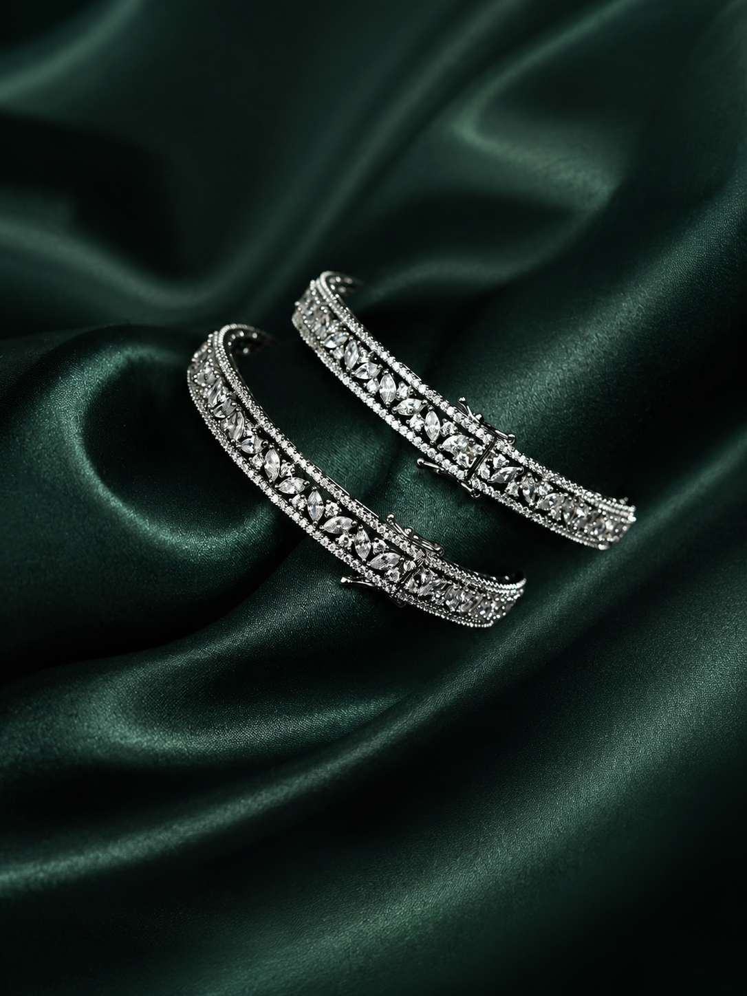 Zevar Club Set of 2 Rhodium-Plated Handcrafted AAA Cubic Zirconia Vine Motif Studded Premium Screw Adjustable Bangles