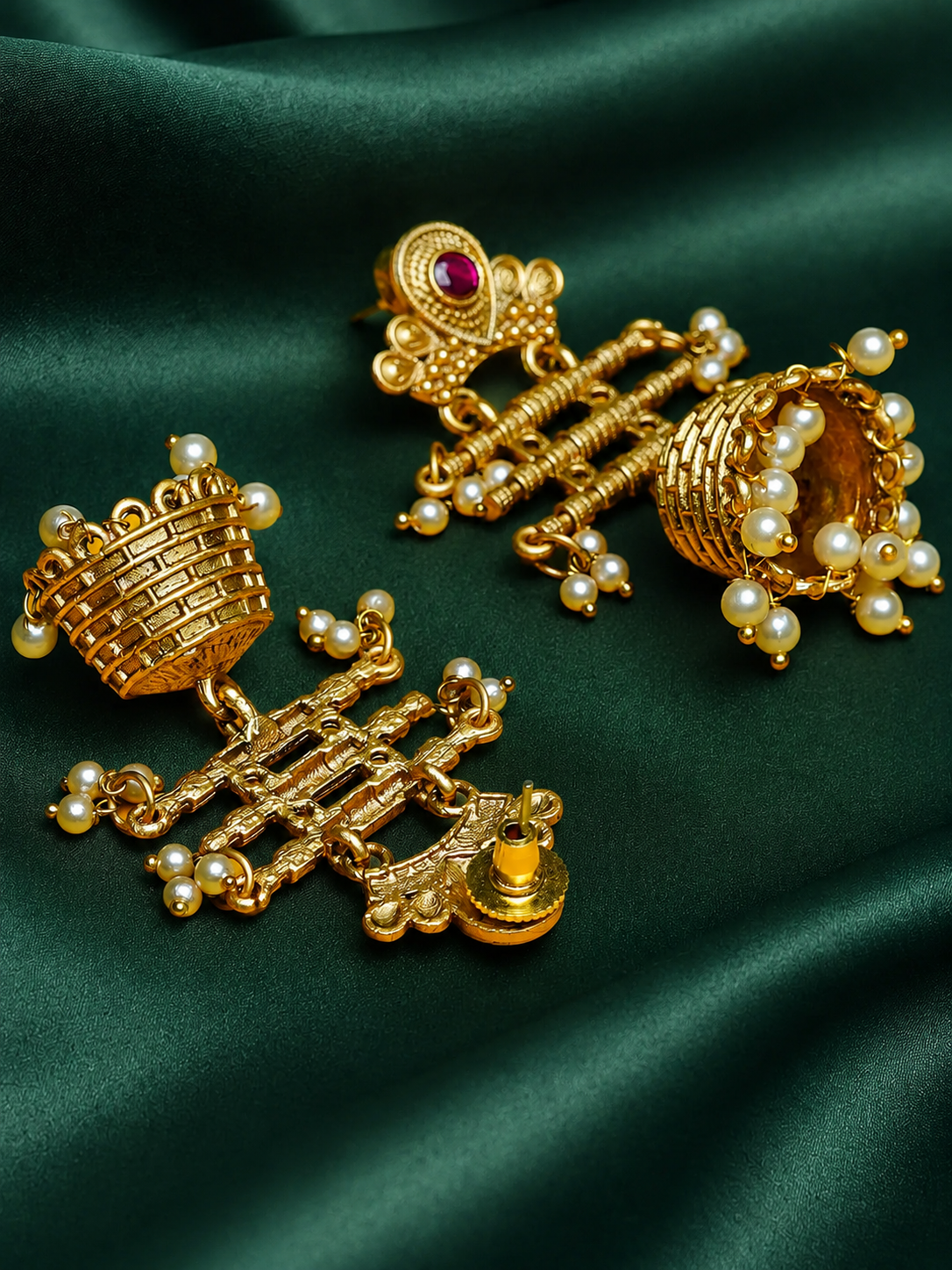 Zevar Club 18K Gold-Plated Green Kundan Studded Layered Traditional Jhumka Earrings with Pearls