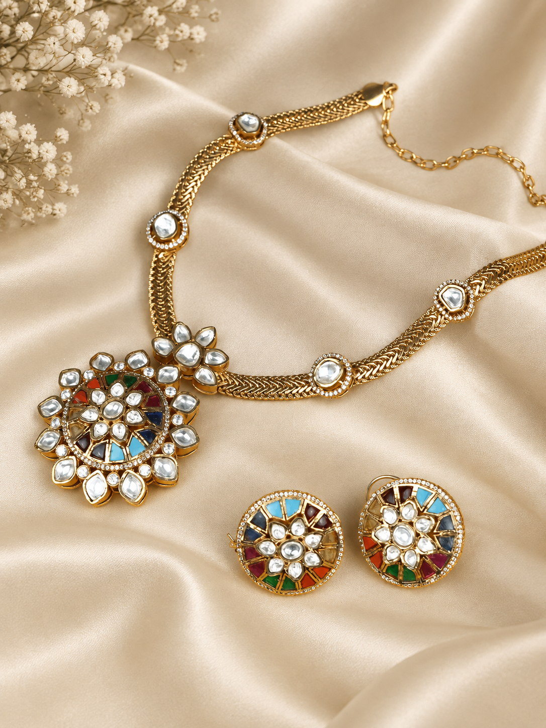 Zevar Club 24K Gold Plated White Kundan Studded Ruby Red Enamel Handcrafted Floral Jewellery Set with Pendant & Earrings for Women