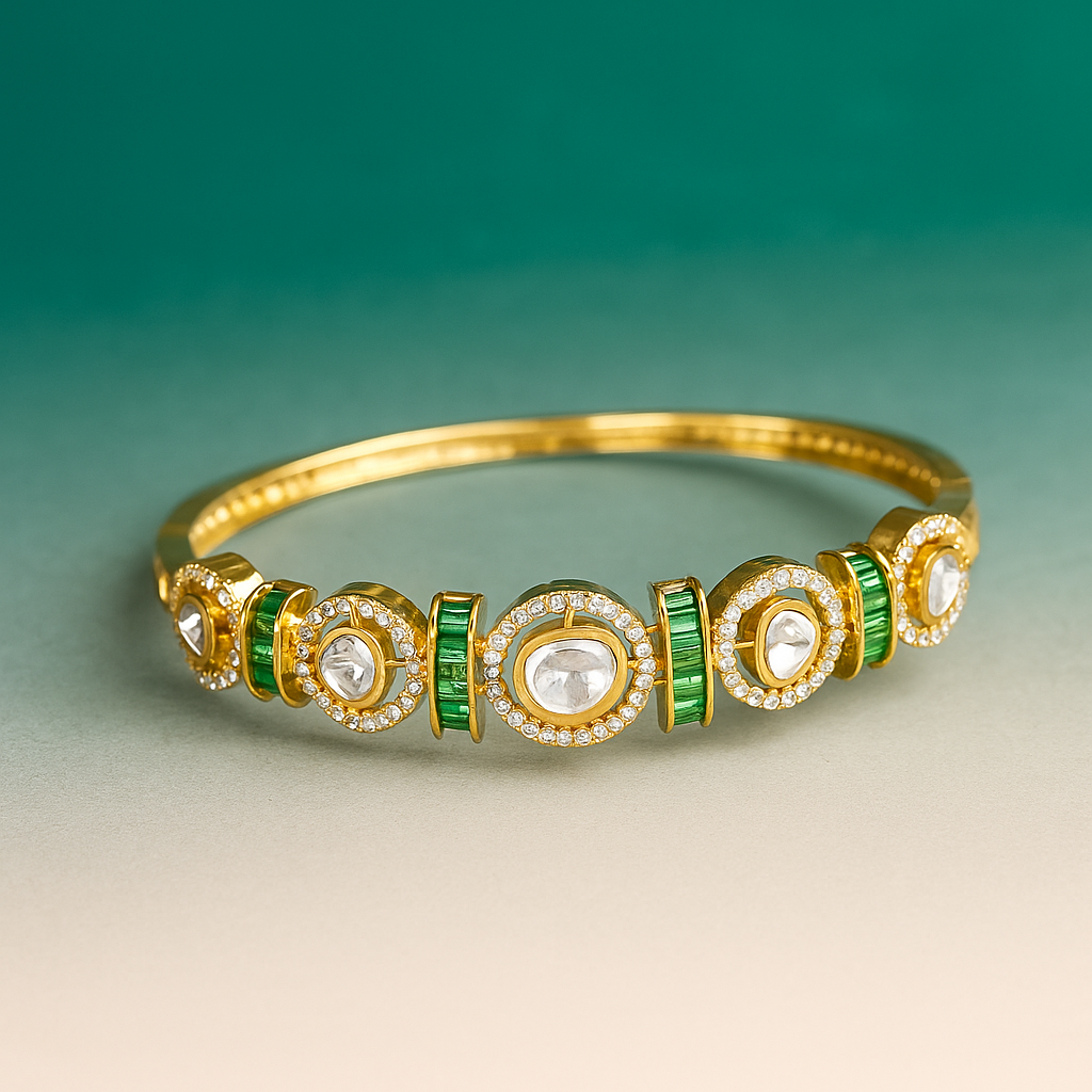 Zevar Club Gold-Toned White Kundan & Cubic Zirconia Studded Emerald Green Luxury Statement Bracelet