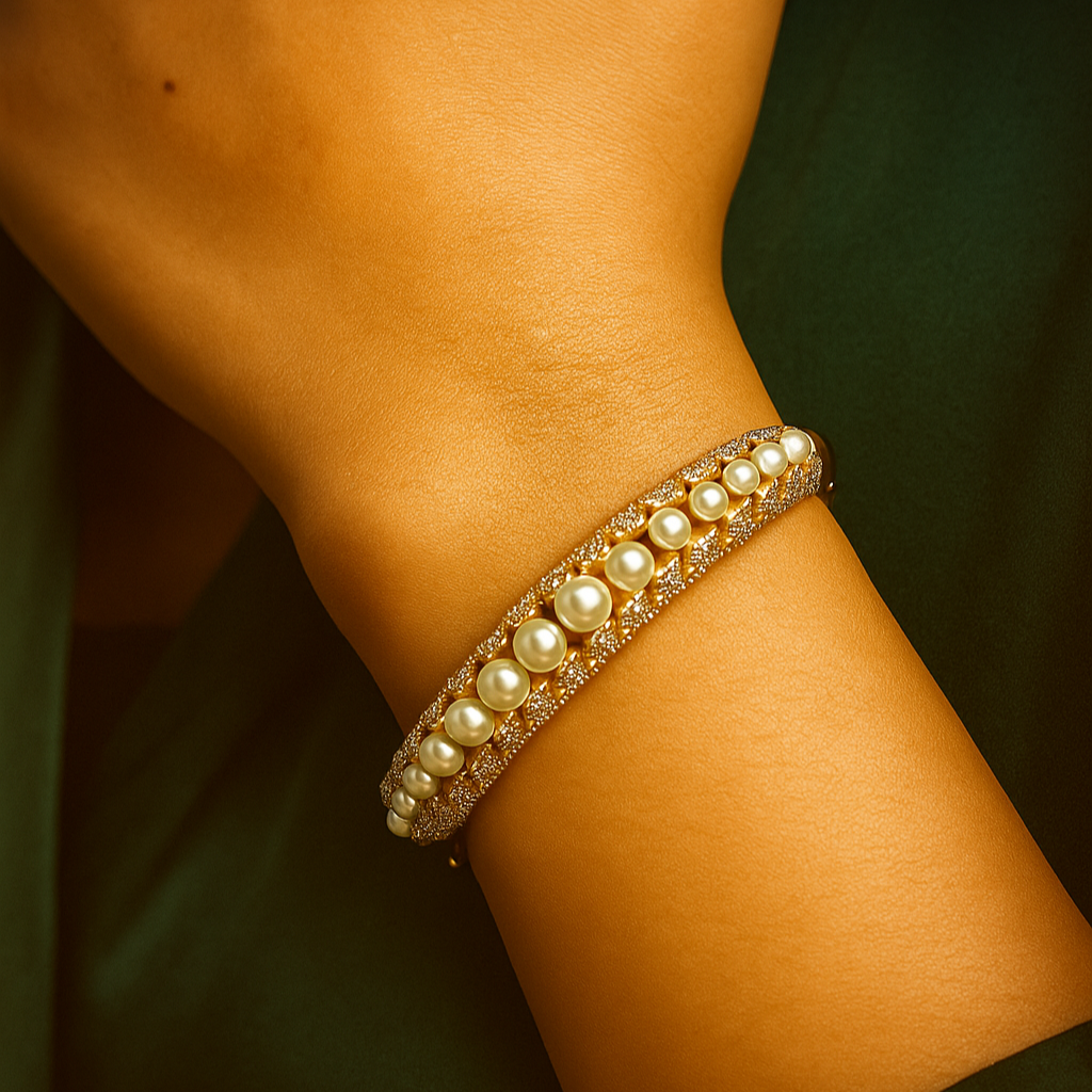 Zevar Club 22K Gold-Plated Handcrafted Pearl Embedded Design AAA Cubic Zirconia Studded Openable Bracelet