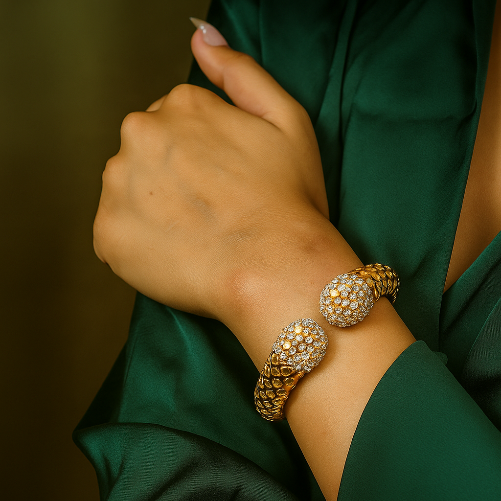 Zevar Club 22K Rhodium-Plated AAA Cubic Zirconia Studded Handcrafted Demi-Fine Textured Crown Bracelet