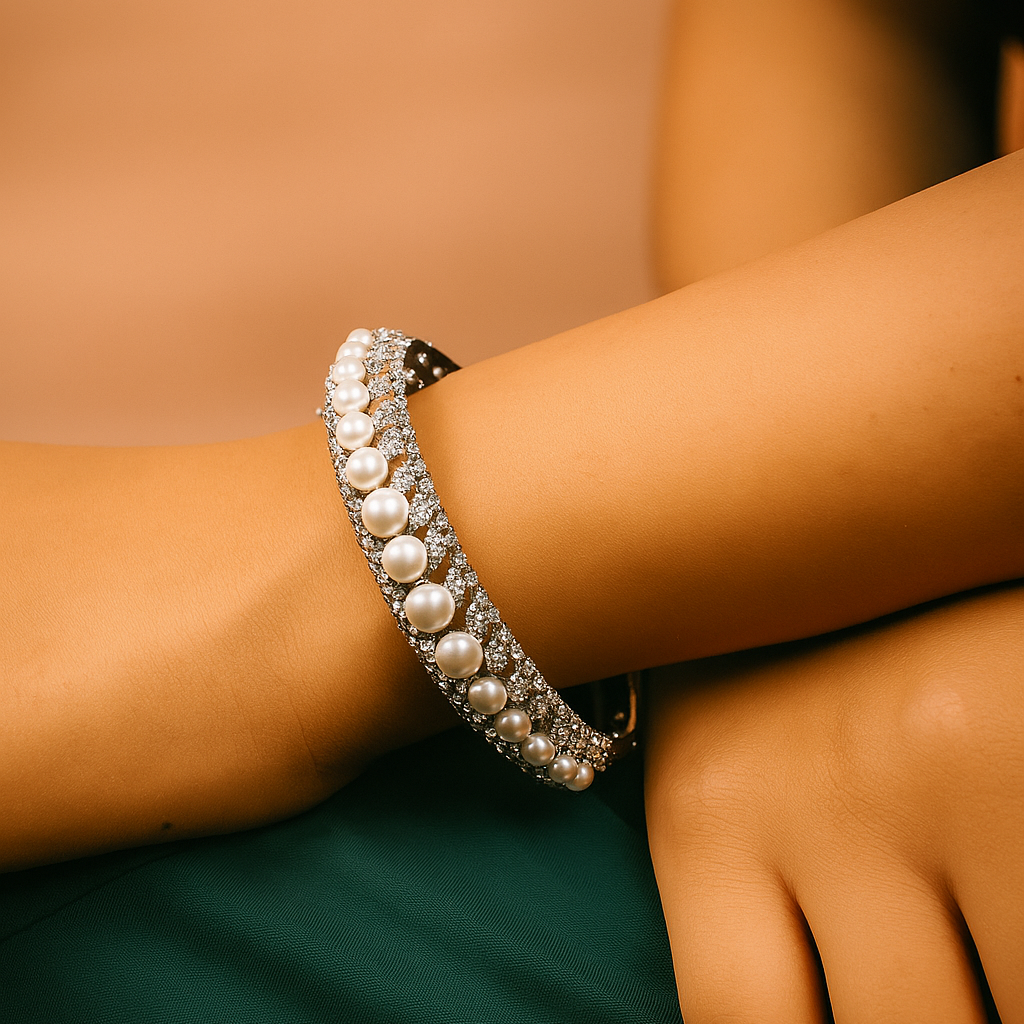 Zevar Club 22K Gold-Plated Handcrafted Pearl Embedded Design AAA Cubic Zirconia Studded Openable Bracelet