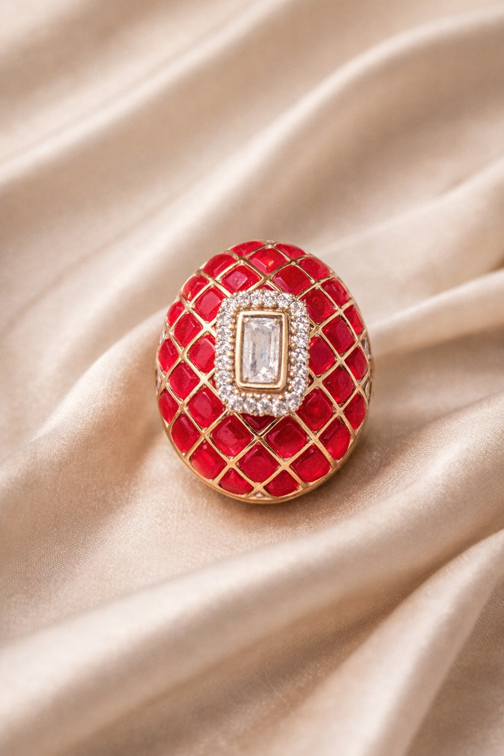 Zevar Club Adjustable Rose Pink Enamel Gold Plated Statement Ring for Women