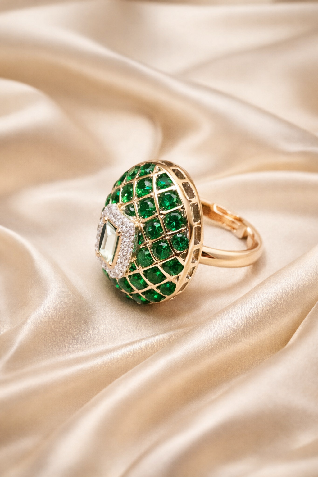 Zevar Club Adjustable Emerald Green Enamel Gold Plated Statement Ring for Women