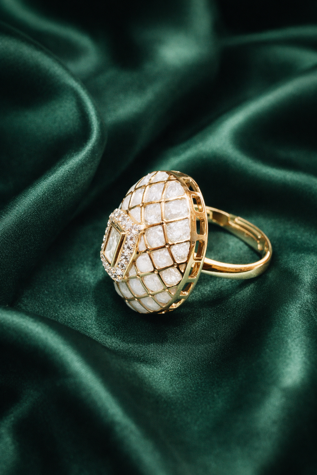 Zevar Club Adjustable Pearl Ivory Enamel Gold Plated Kundan Statement Ring for Women