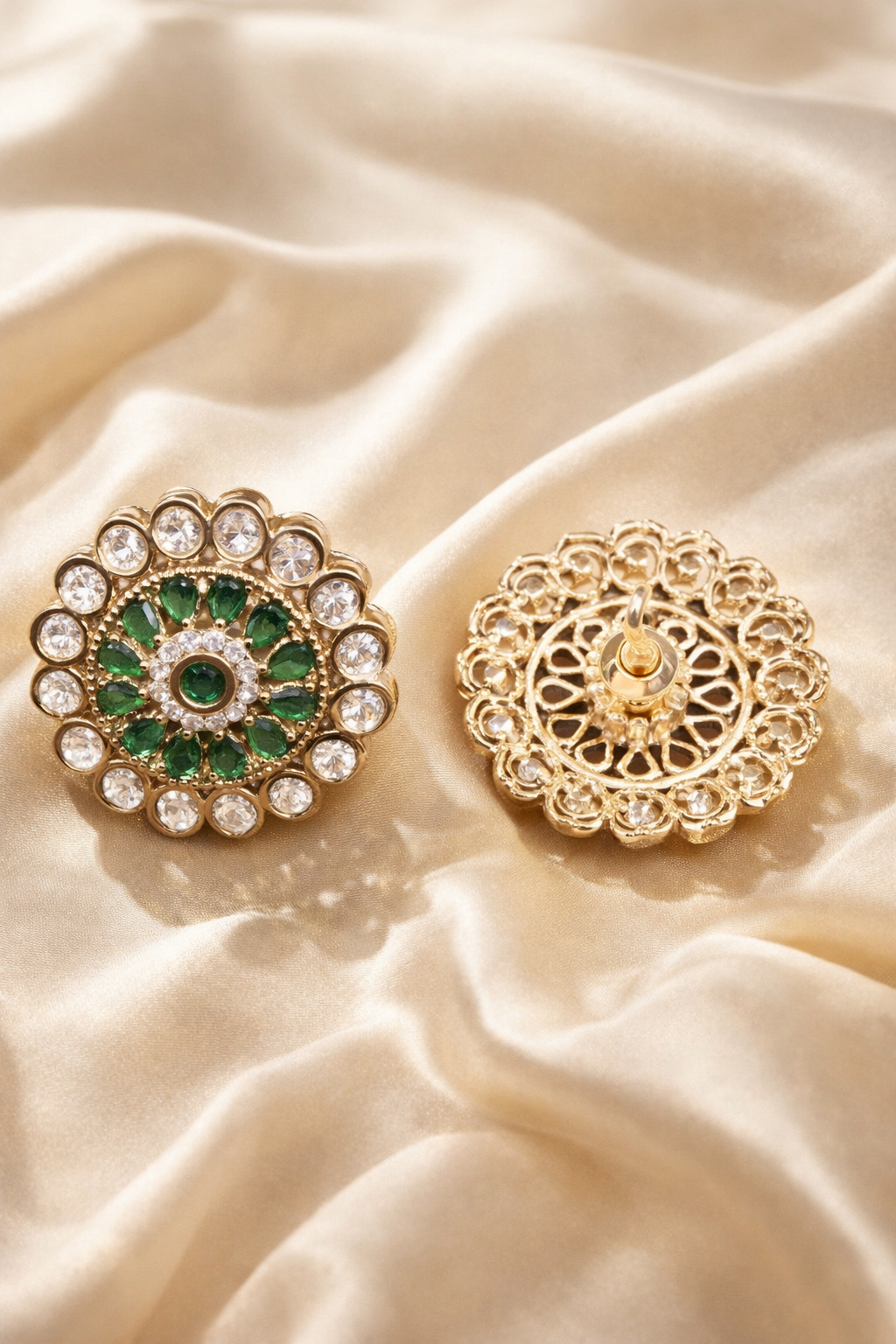 Zevar Club Flower Shaped Emerald Green Gold Plated Statement Stud Earring