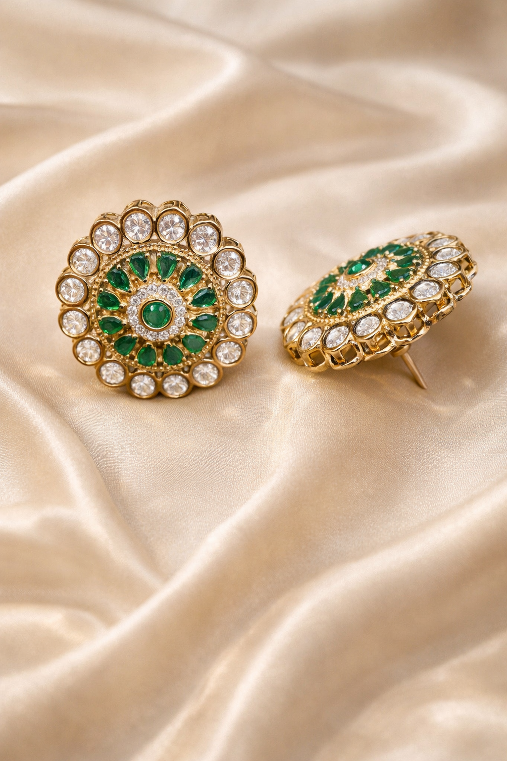 Zevar Club Flower Shaped Emerald Green Gold Plated Statement Stud Earring