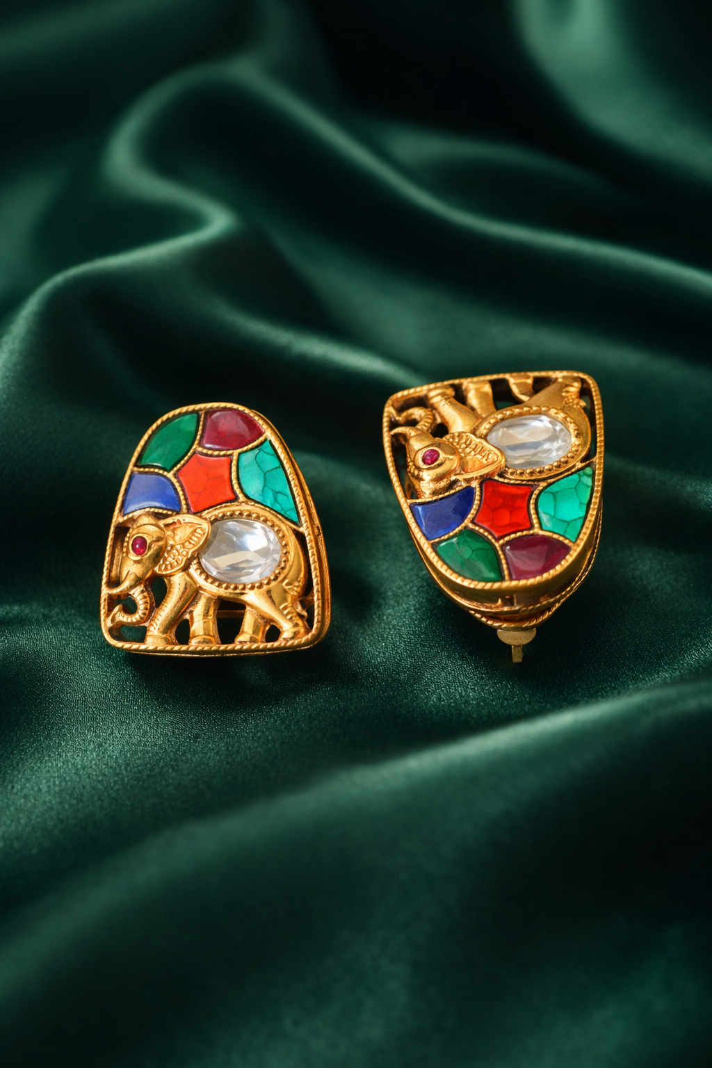 Zevar Club Multicolour Elephant Motif Gold Plated Navratan Statement Stud