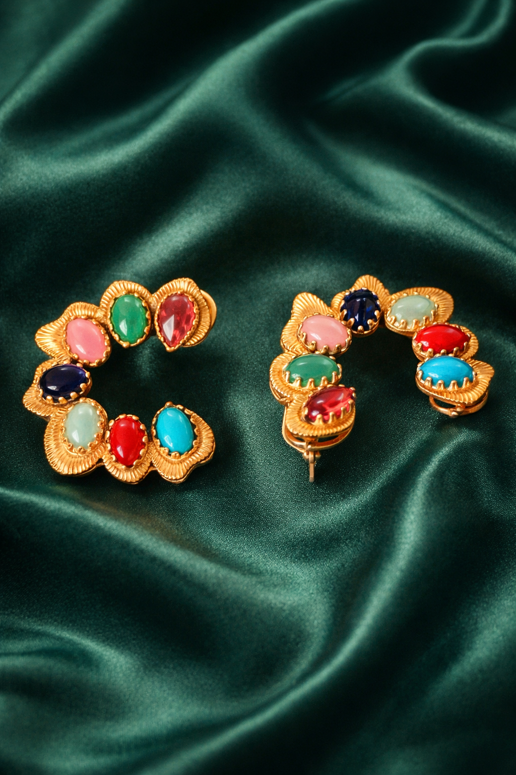 Zevar Club C Shaped Navratan Multicolour Gold Plated Statement Stud