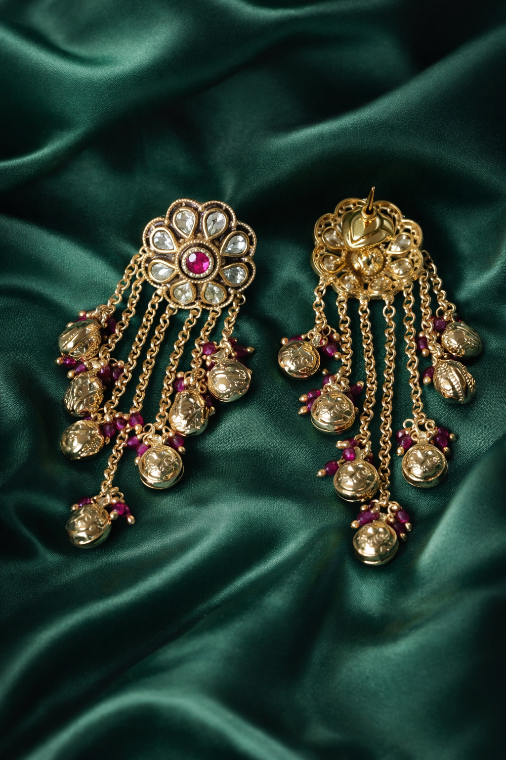 Zevar Club Ruby Red Gold Plated Ethnic Statement Drop Ghunghroo Earrings