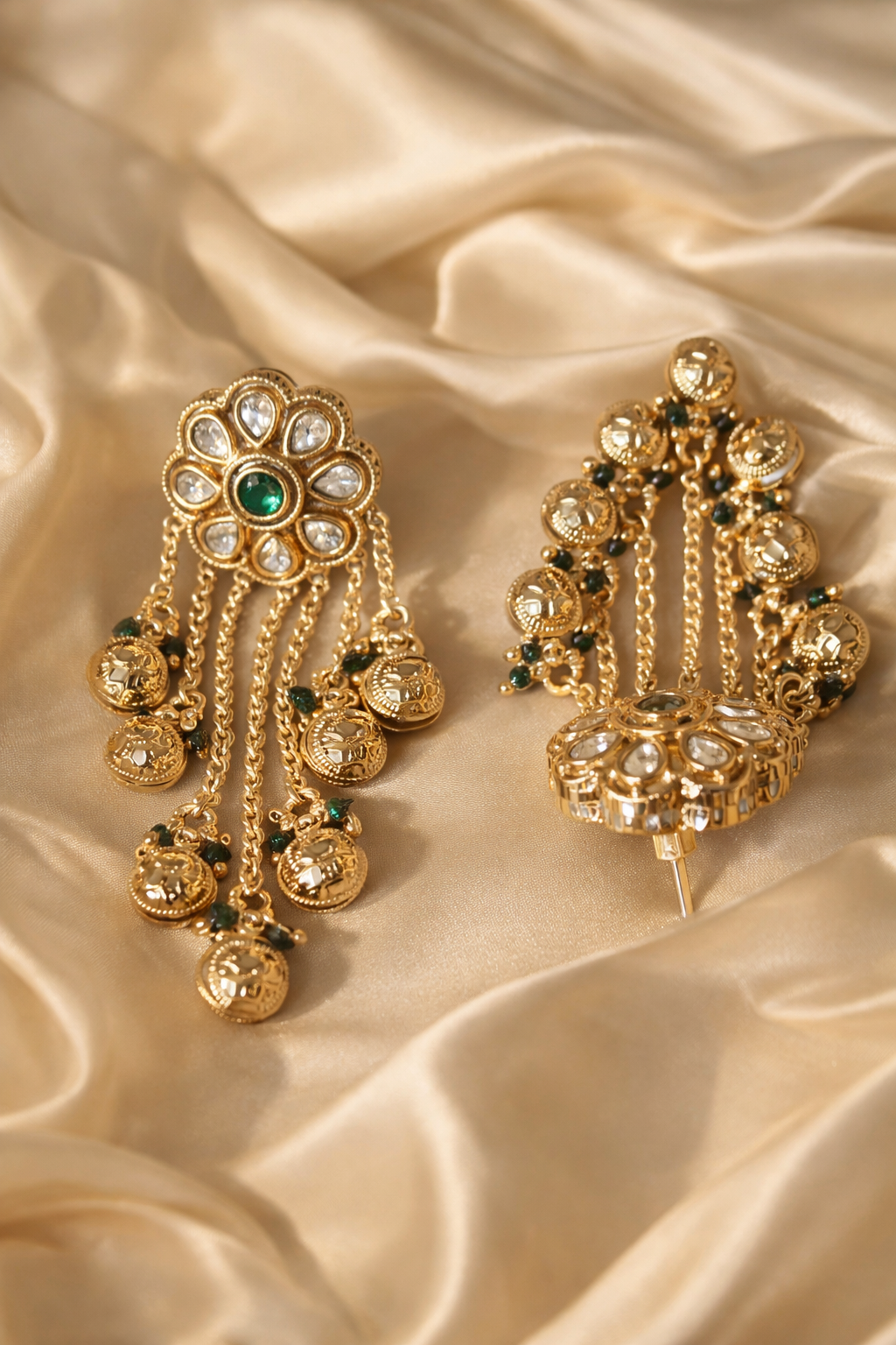 Zevar Club Emerald Green Gold Plated Ethnic Statement Drop Ghunghroo Earrings