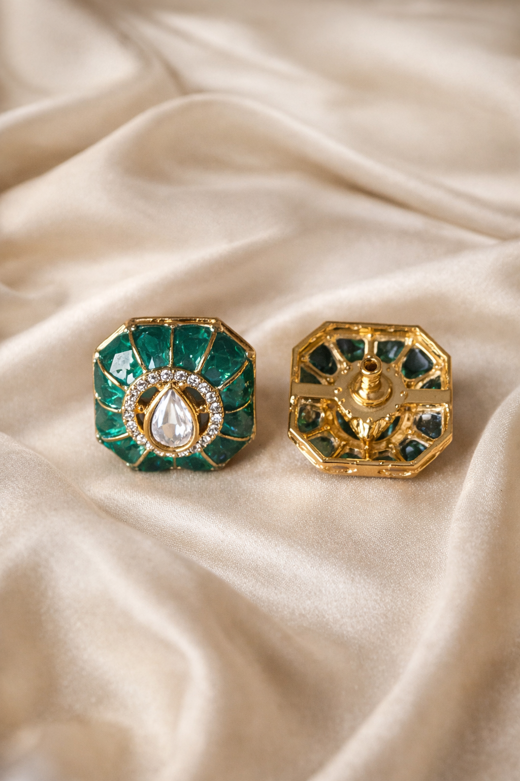 Zevar Club Emerald Green Gold Plated Statement Kundan Stud Earrings