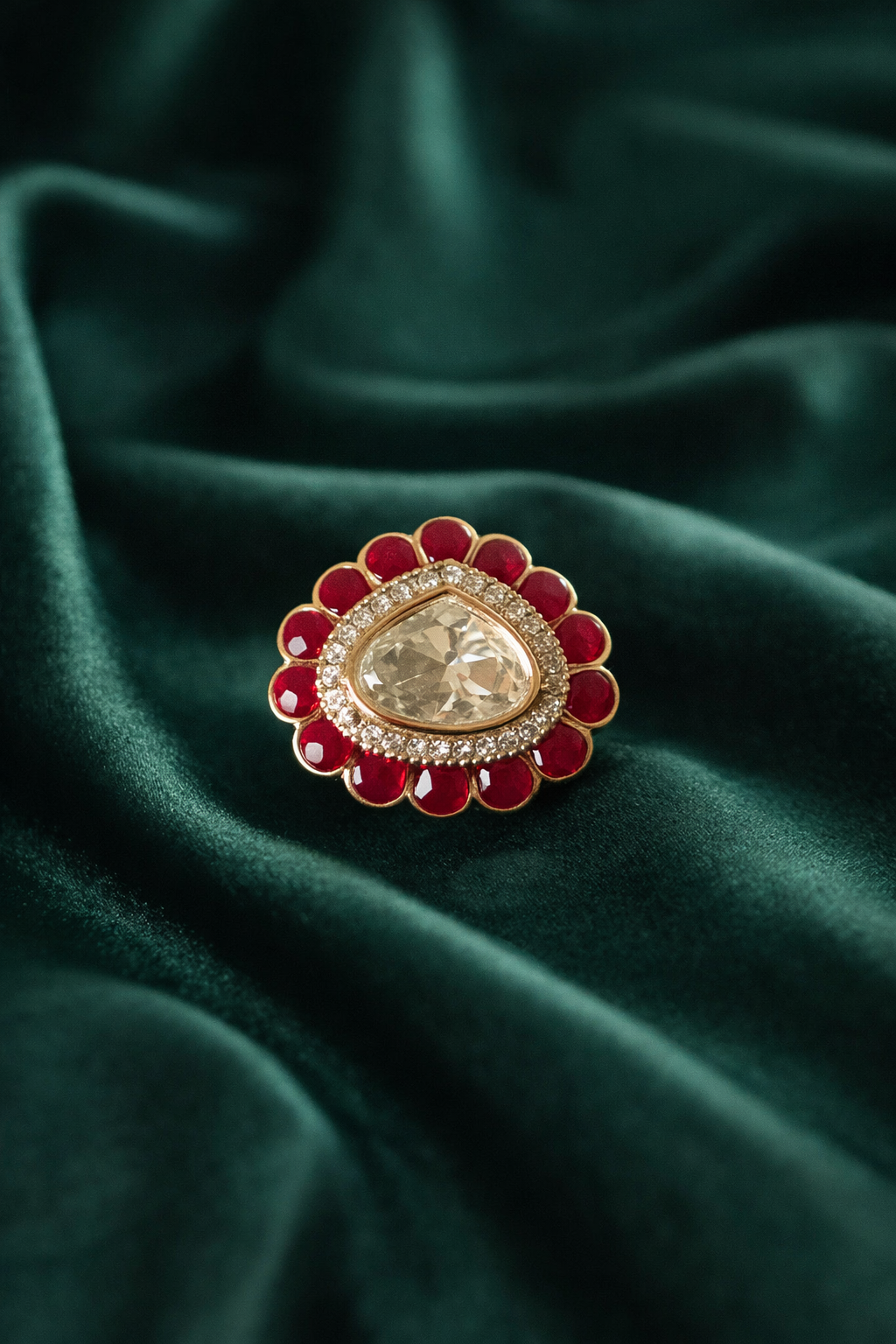 Zevar Club Ruby Red Gold Plated Assymentric Heritage Statement Ring