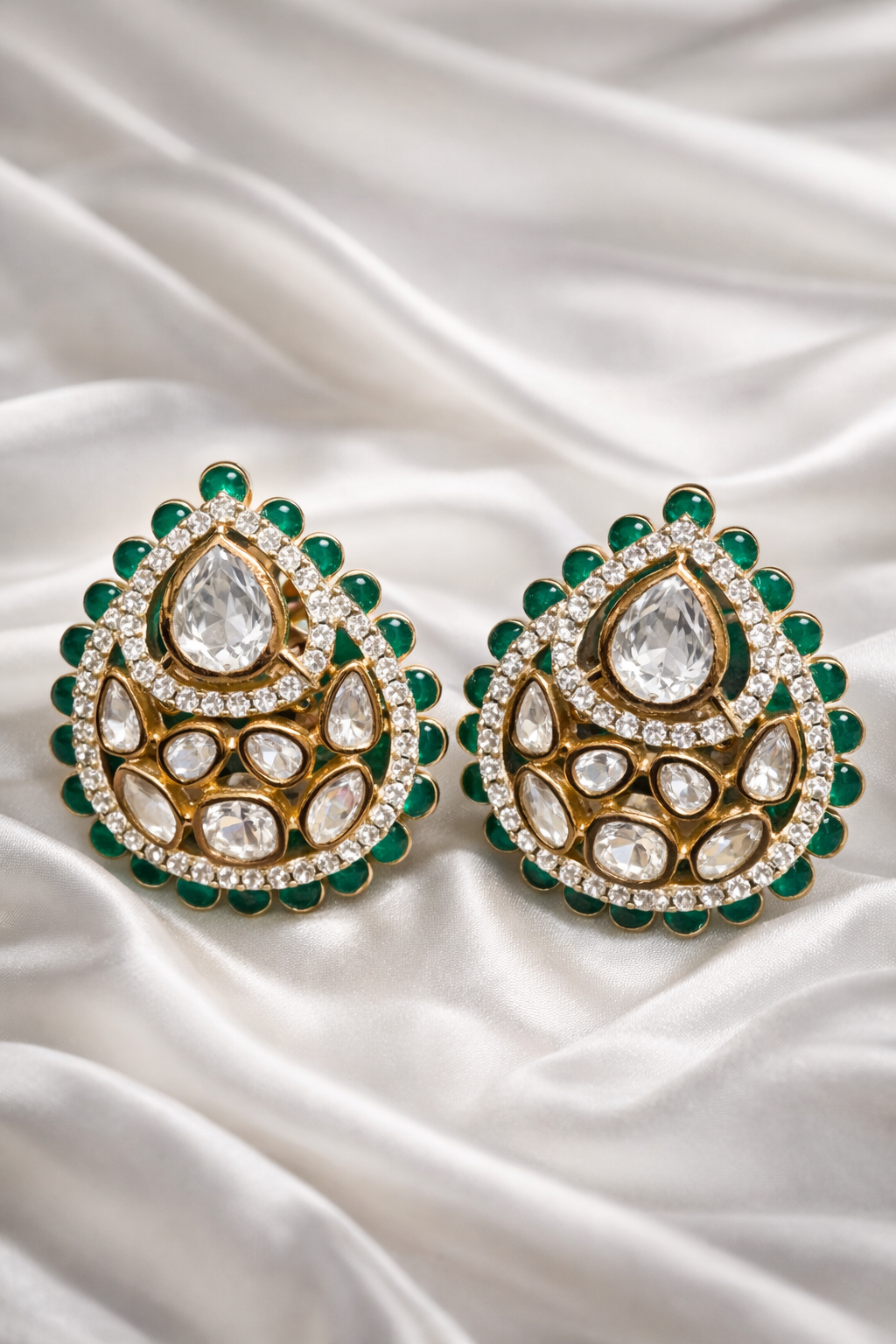 Zevar Club Festive Emerald Green Gold Plated Tear Drop Statement Stud Earrings
