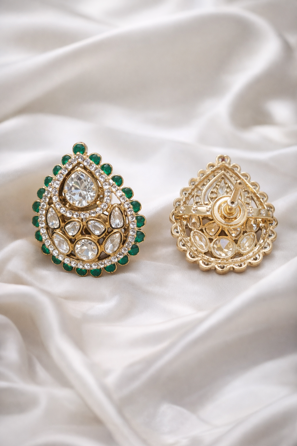 Zevar Club Festive Emerald Green Gold Plated Tear Drop Statement Stud Earrings