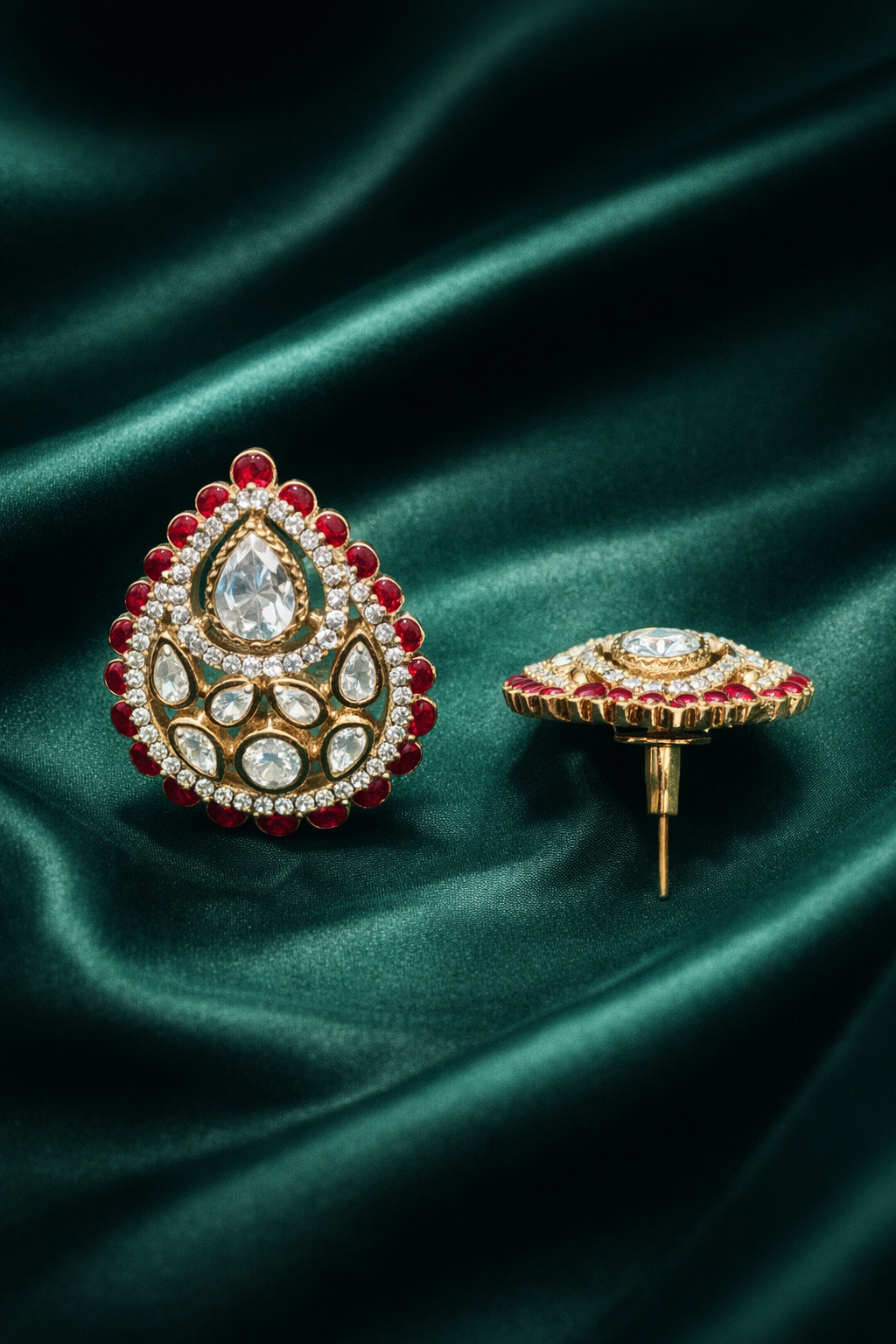 Zevar Club Festive Ruby Red Gold Plated Tear Drop Statement Stud Earrings