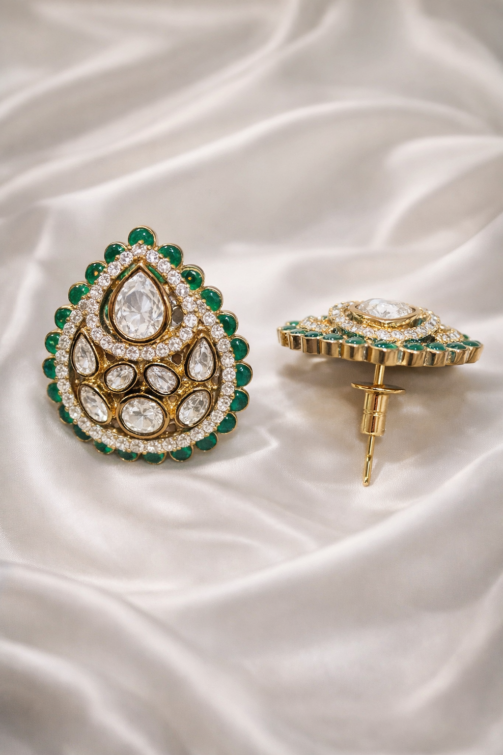 Zevar Club Festive Emerald Green Gold Plated Tear Drop Statement Stud Earrings