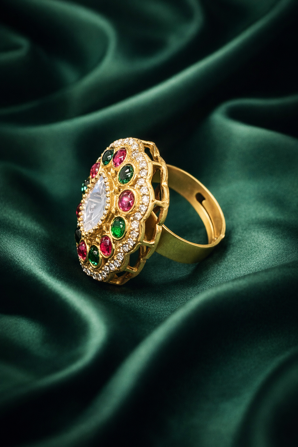 Zevar Club Adjustable Multicolour Gold Plated Kundan Statement Ring for Women