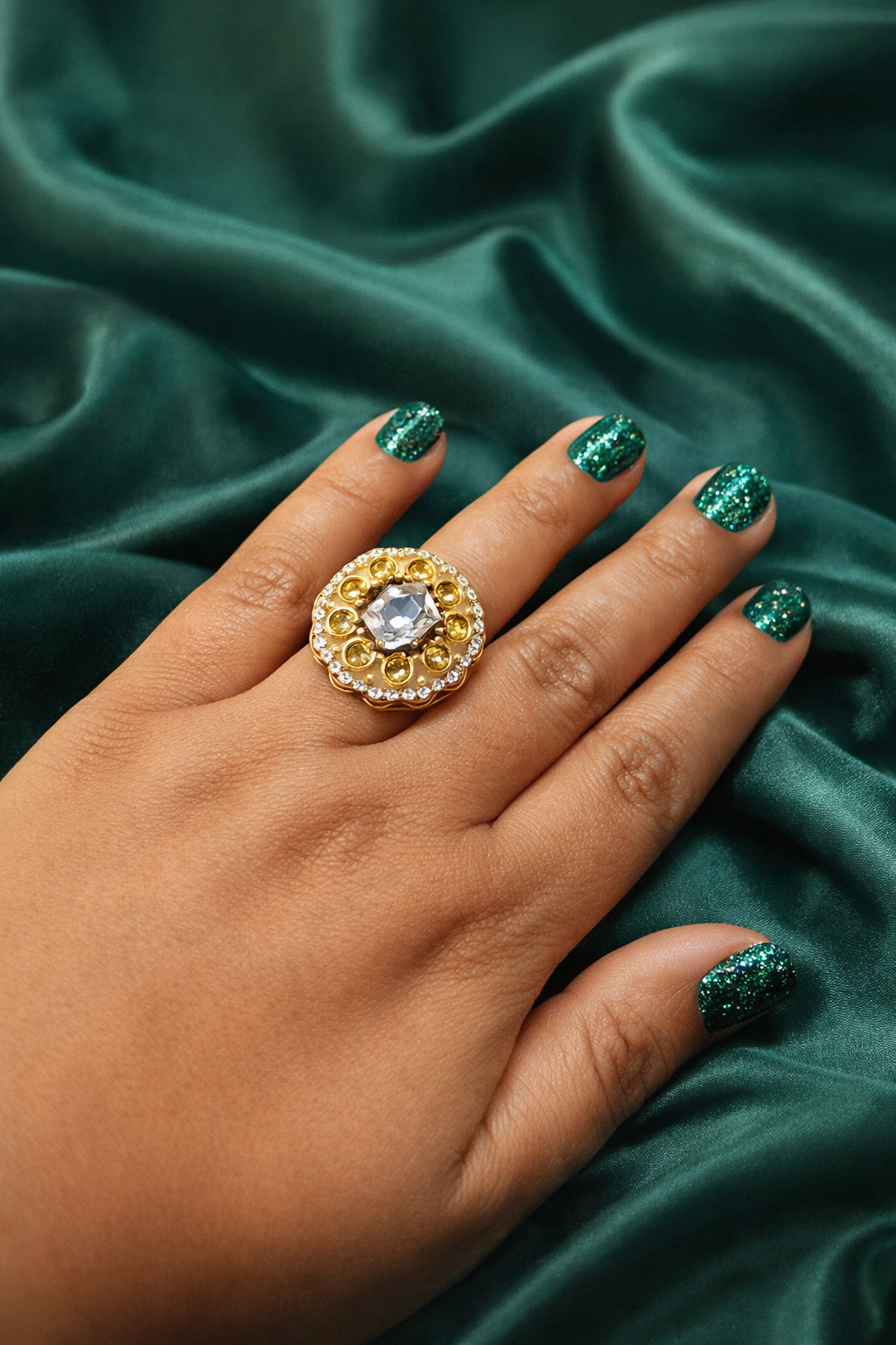 Zevar Club Adjustable Mustard Yellow Gold Plated Kundan Statement Ring
