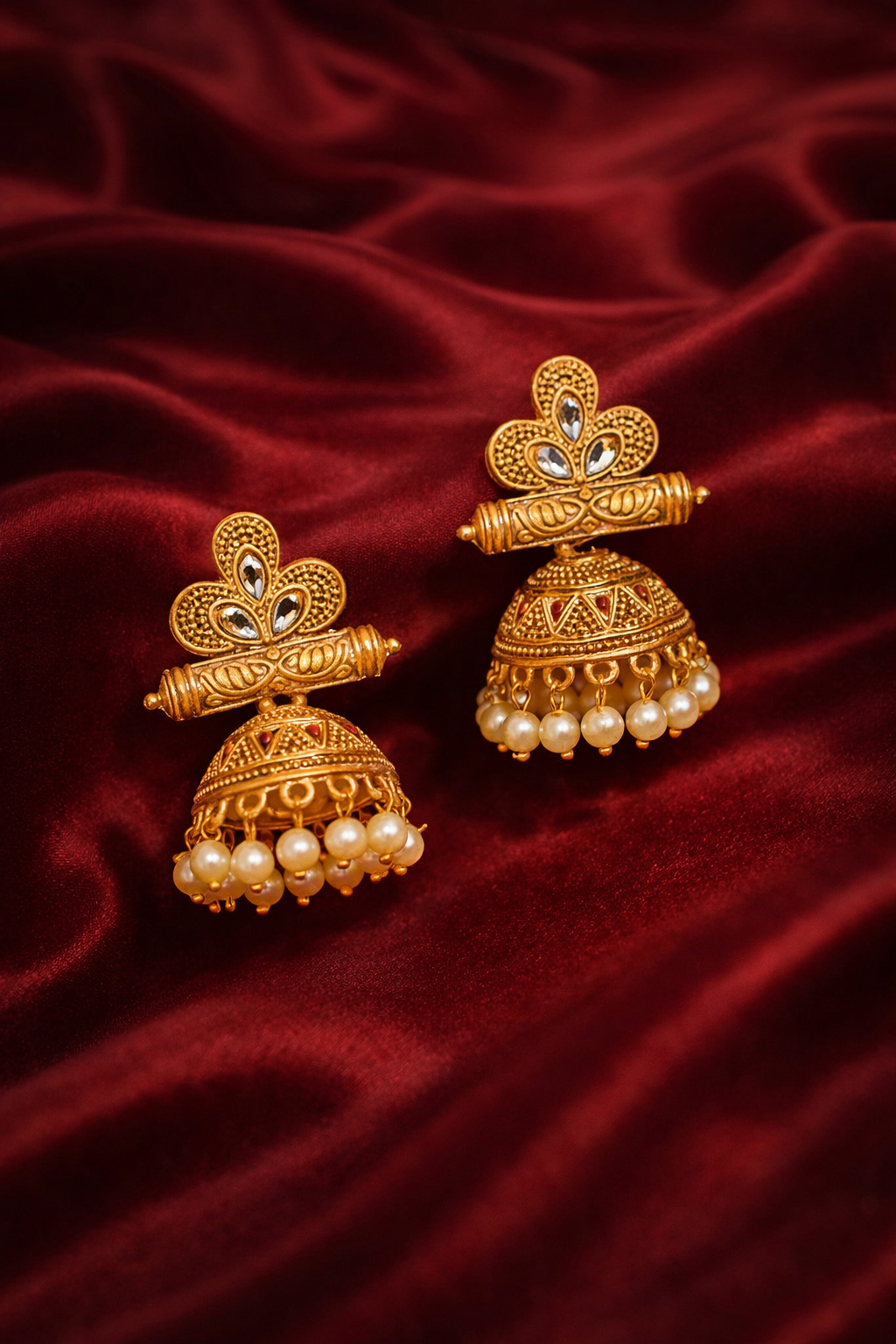 Zevar Club 18K Gold-Plated Red Stone Studded Dome Jhumka Earrings with Pearl Danglers
