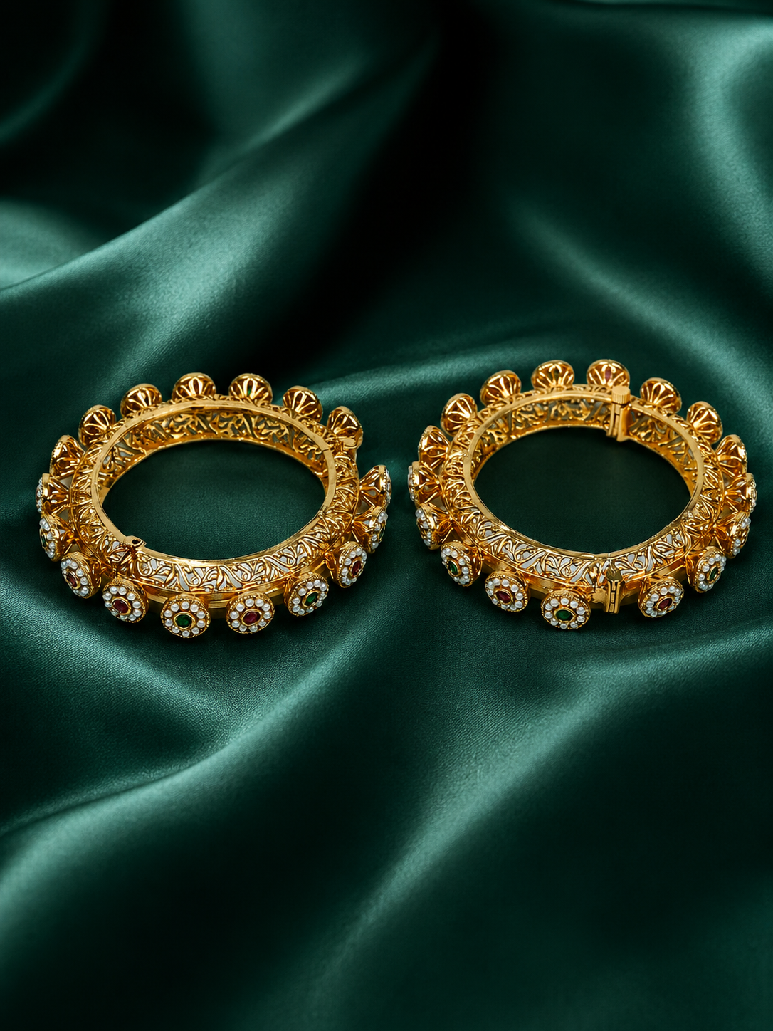 Zevar Club Set of 2 22K Gold-Plated Handcrafted Bangles with Ruby Emerald Kundan Floral & Pearl Accents