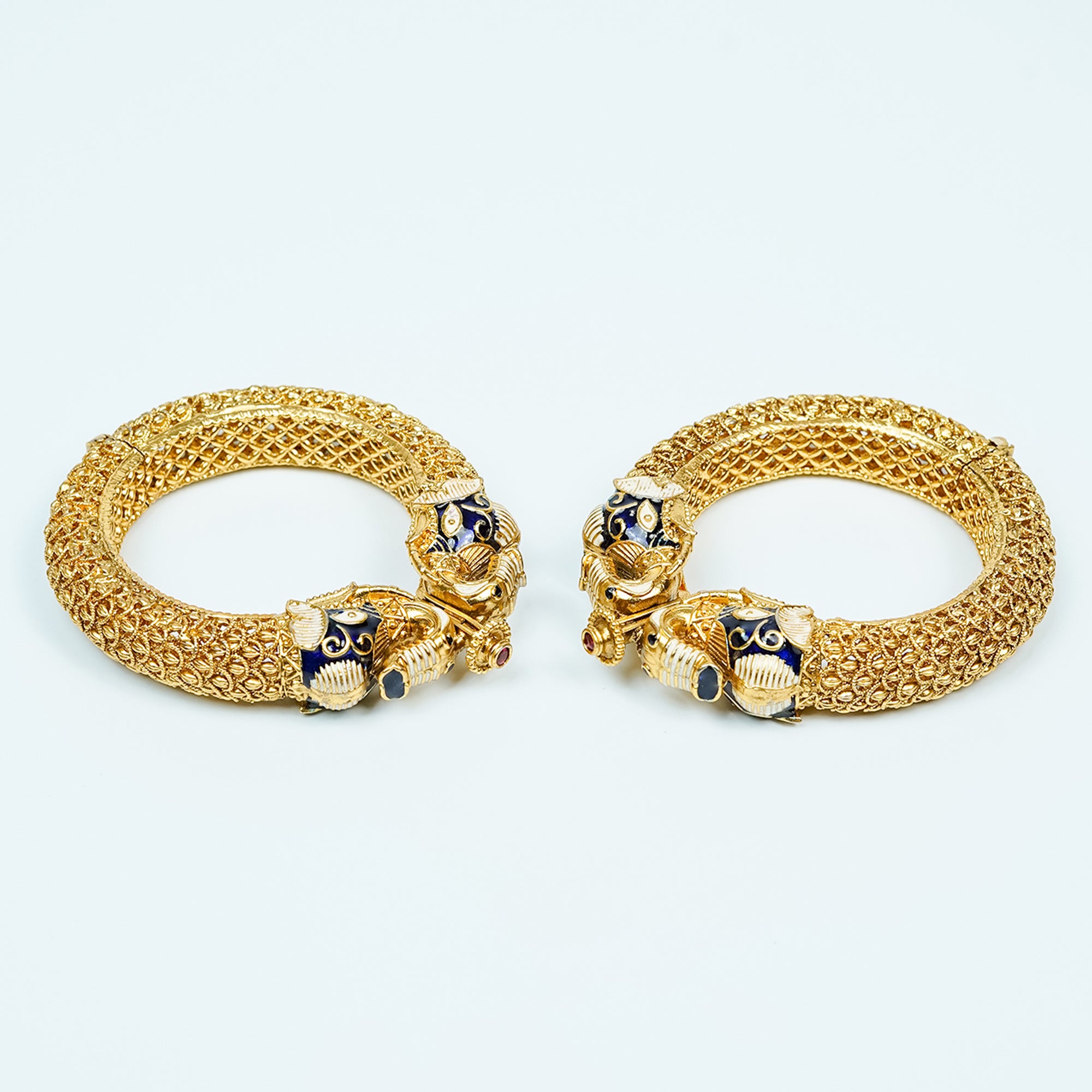 Zevar Club Set of 2 22K Gold-Plated Handcrafted Panther-Head Bangles with Blue Enamel & Black Stone Accents for Women