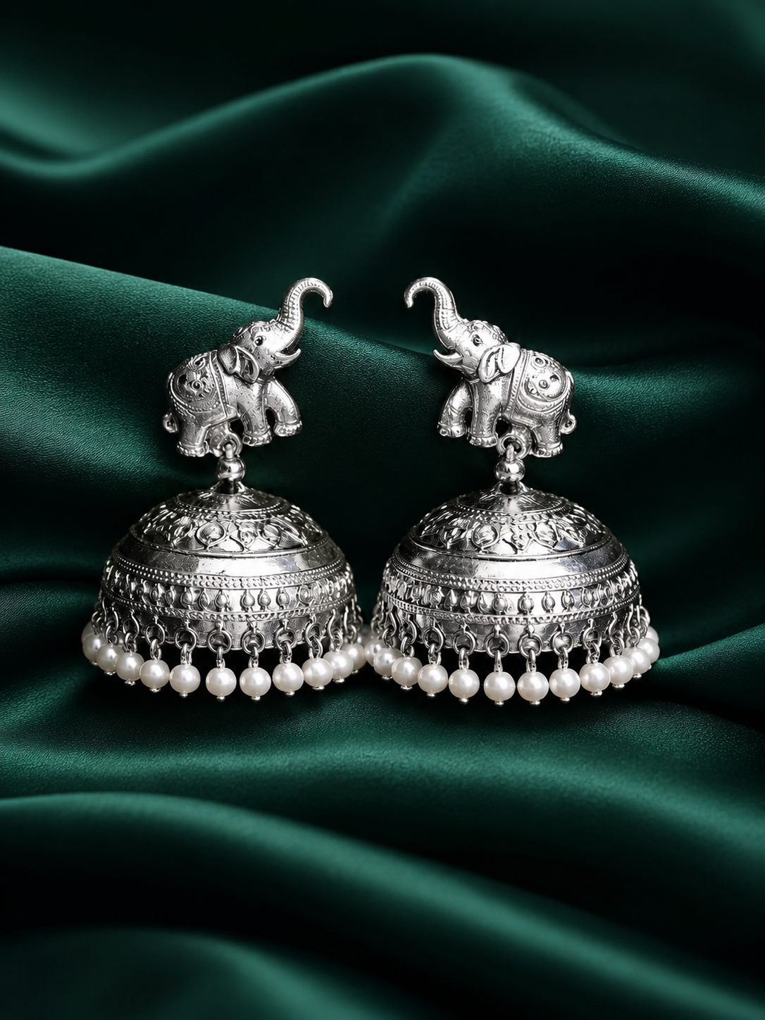 Zevar Club Oxidised Silver-Toned Elephant Stud Brass Jhumka Earrings with White Pearl Drops