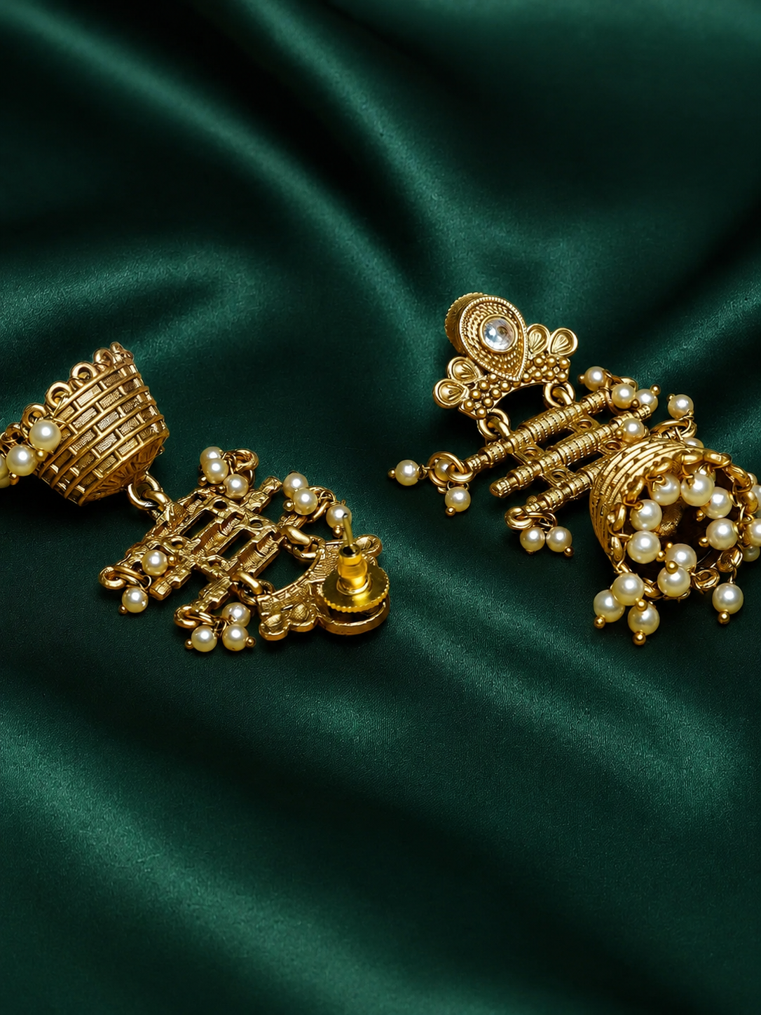 Zevar Club 18K Gold-Plated Green Kundan Studded Layered Traditional Jhumka Earrings with Pearls