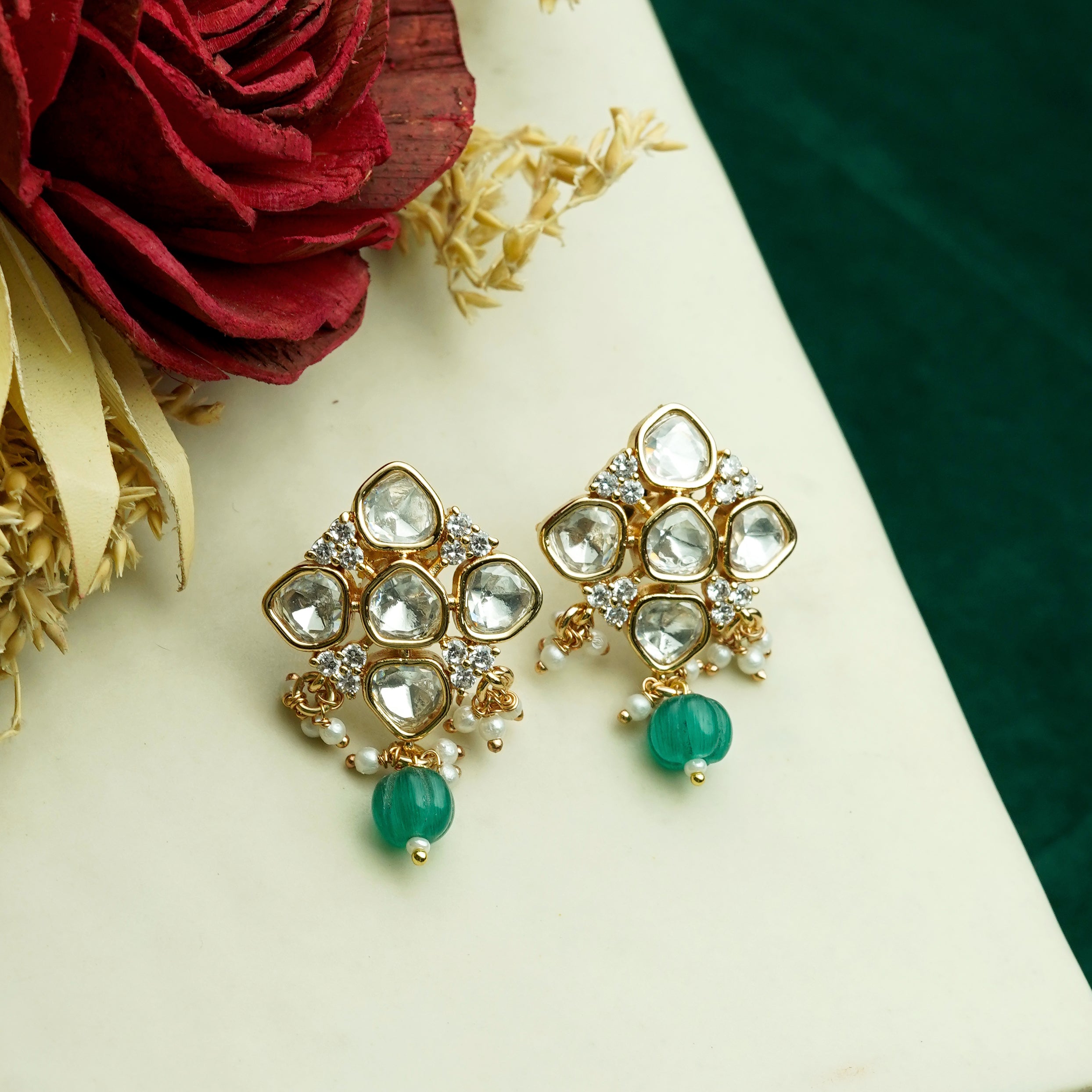 Zevar Club 12K Gold-Plated Rhombus Pastel Green Kundan Drop Earrings