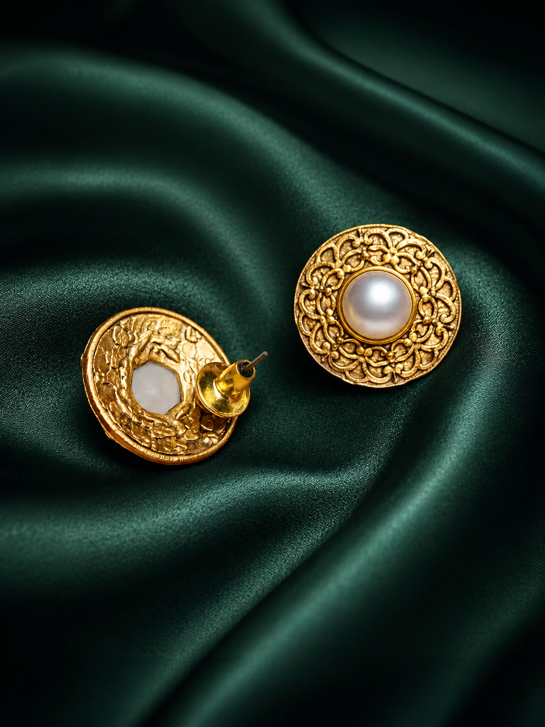 Zevar Club Gold-Toned Antique Statement Stud Earrings with White Pearl Centre & Carved Design