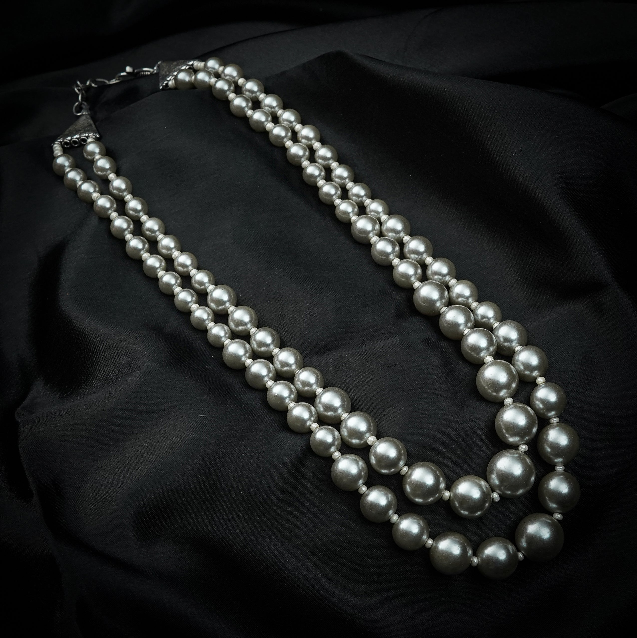 Zevar Club Metallic White, Brown, Grey Glossy Pearl Double Layer Royal Statement Necklace