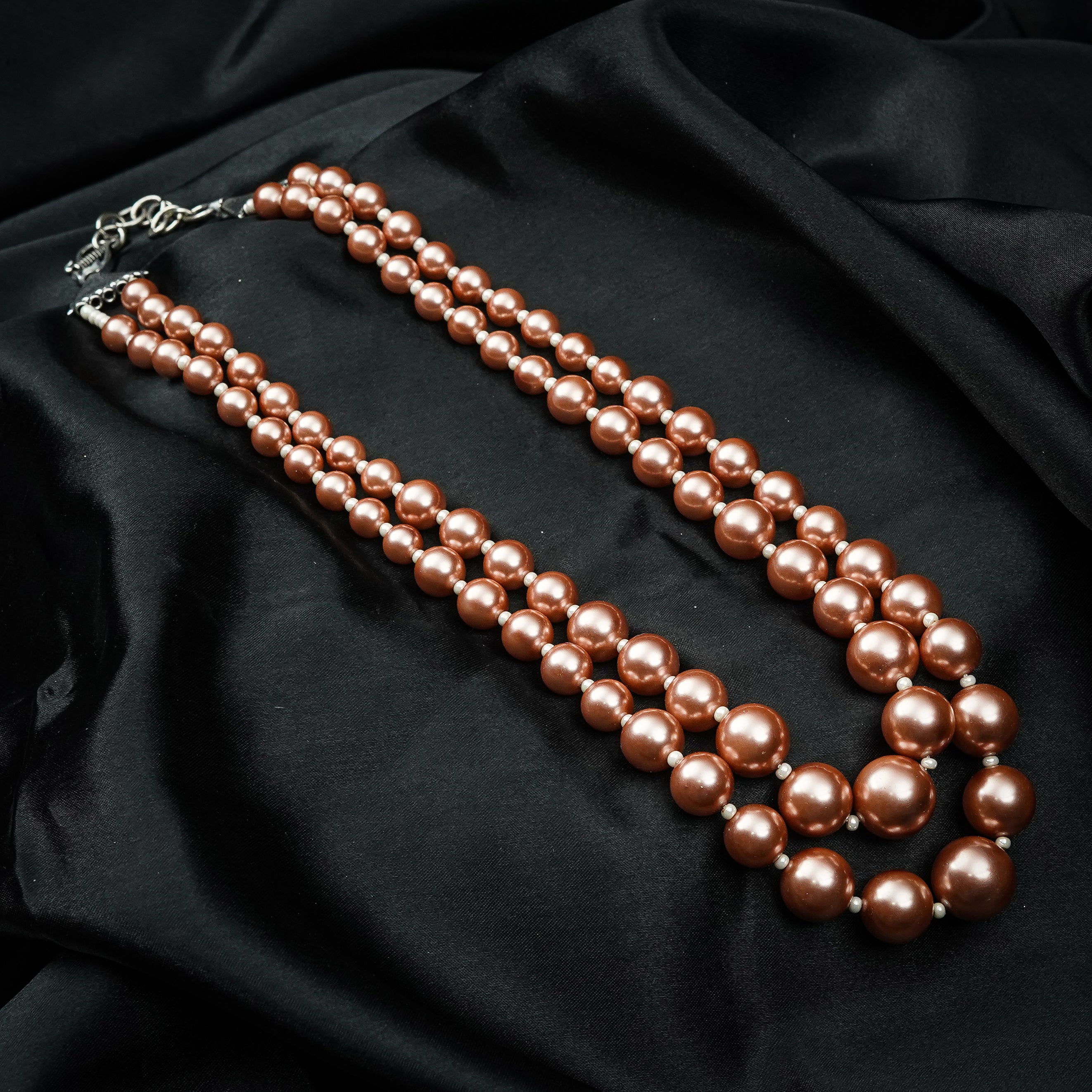 Zevar Club Metallic White, Brown, Grey Glossy Pearl Double Layer Royal Statement Necklace