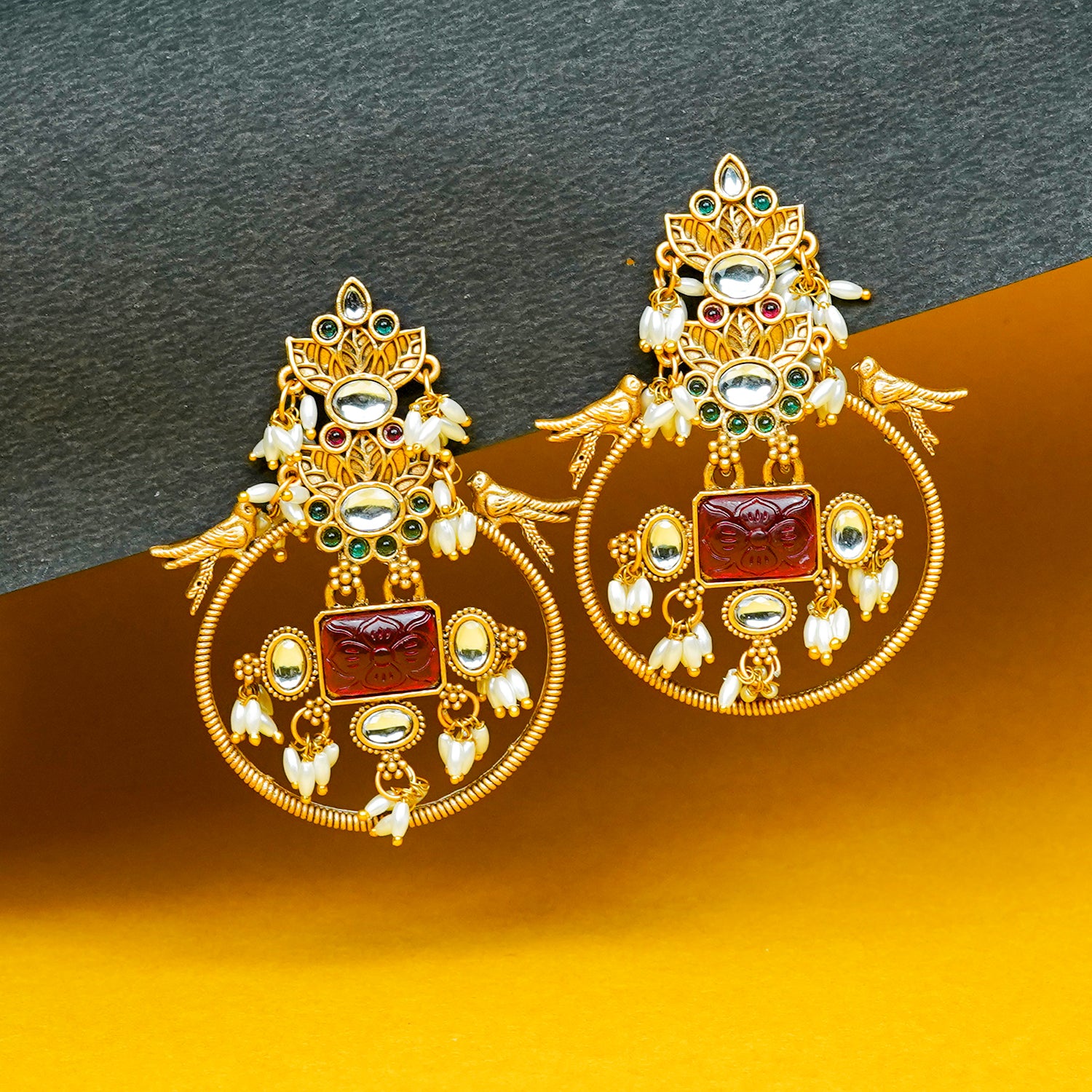 Zevar Club 18K Gold-Plated White Kundan Studded Bird Motif Drop Earrings with Pearls & Red Stone