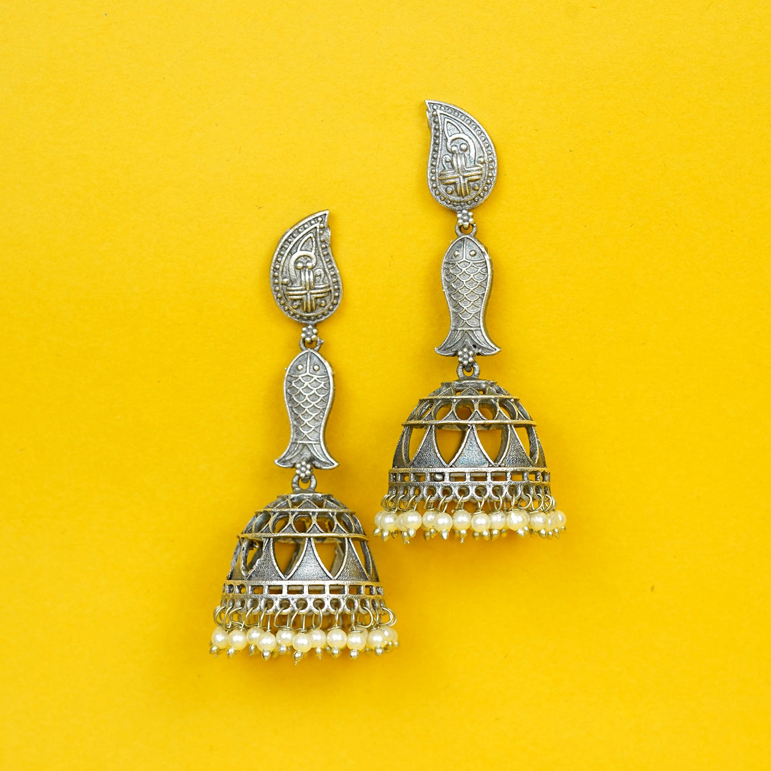 Zevar Club Oxidised Silver-Plated Dome-Shaped Handcrafted Jhumka Earrings with White Pearl Beads