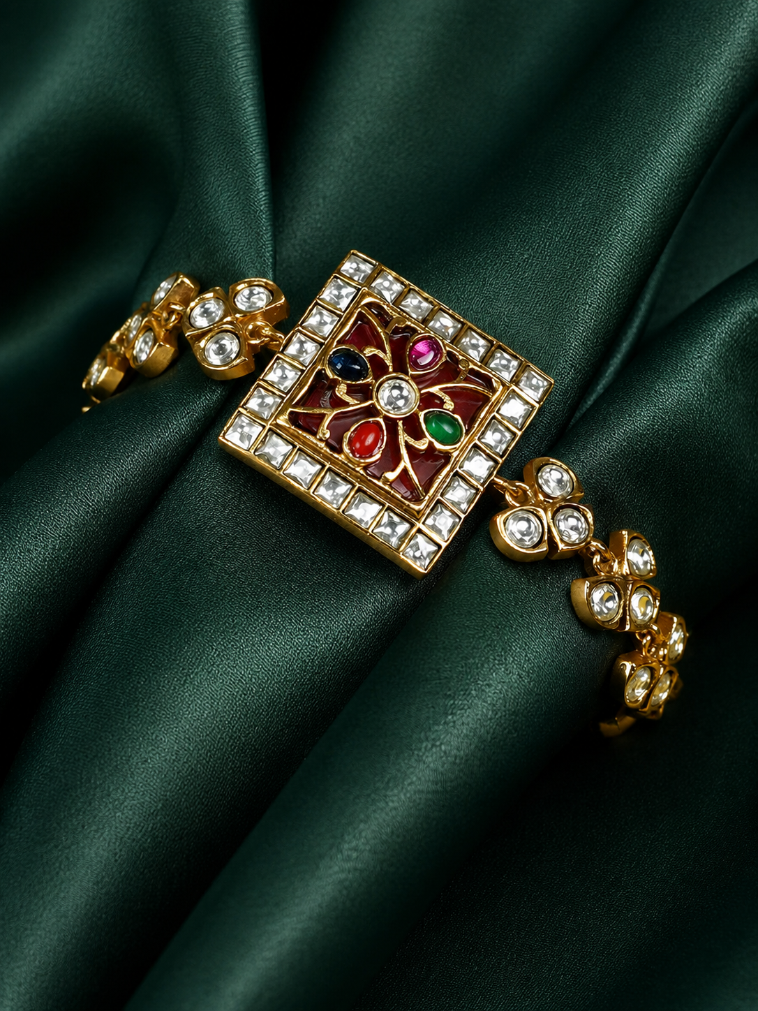 Zevar Club Gold Tone Multicolor Kundan Stone Studded Square Floral Motif Handcrafted Bracelet for Women